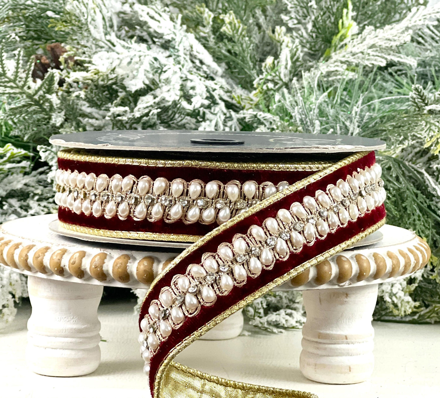 Farrisilk Pearl Necklace Ribbon, Garnet Velvet Ribbon with Pearls, Luxury Holiday and Wedding Decor