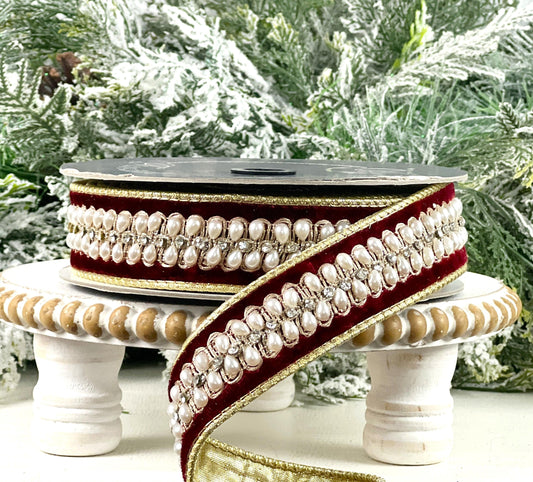 Farrisilk Pearl Necklace Ribbon, Garnet Velvet Ribbon with Pearls, Luxury Holiday and Wedding Decor