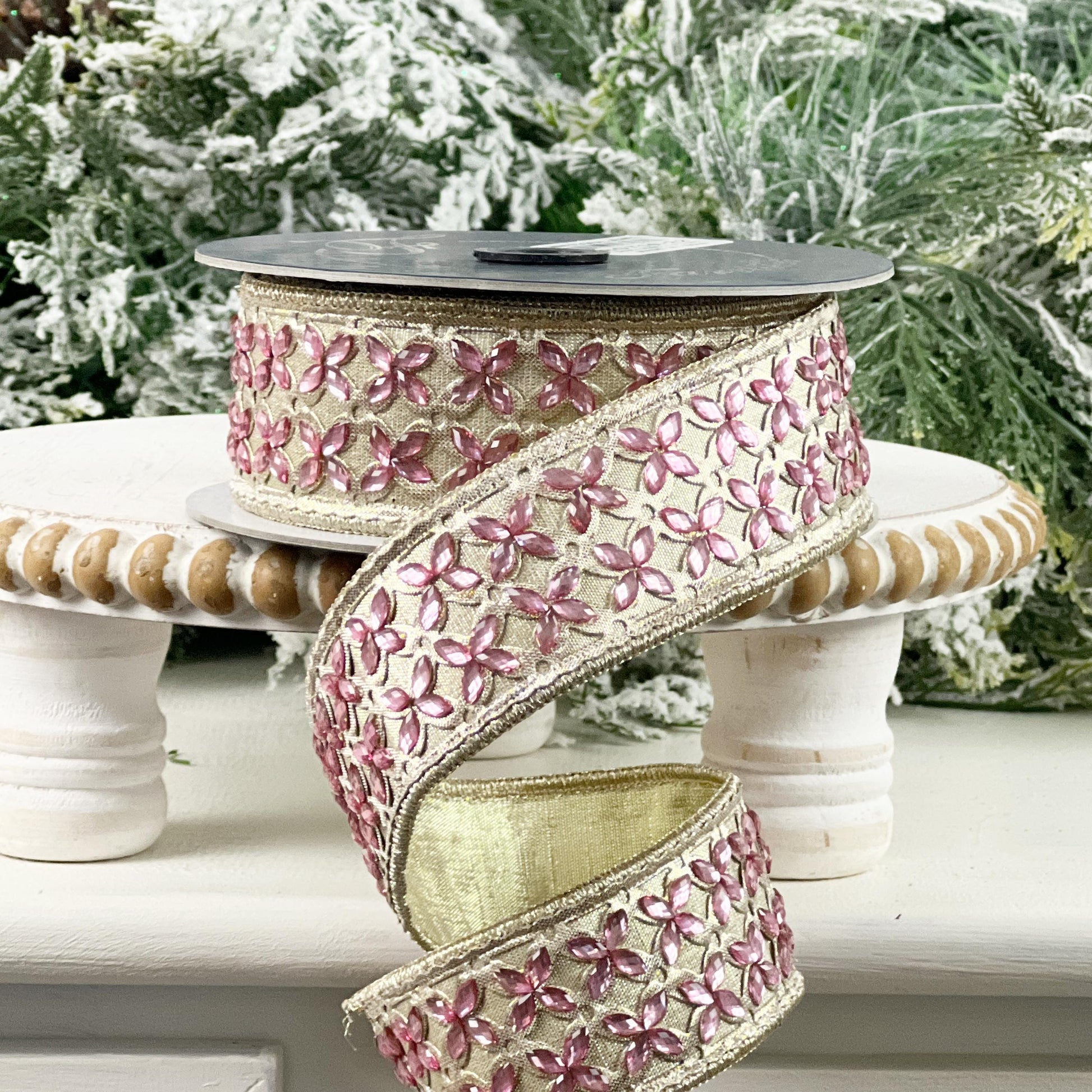 Farrisilk Jeweled Floral Ribbon, Platinum Ribbon with Dusty Rose Gems, Holiday Spring Wedding Decor