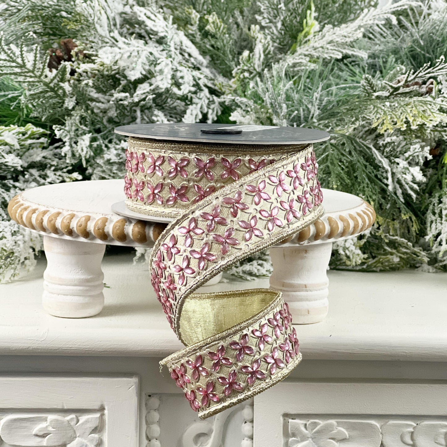 Farrisilk Jeweled Floral Ribbon, Platinum Ribbon with Dusty Rose Gems, Holiday Spring Wedding Decor