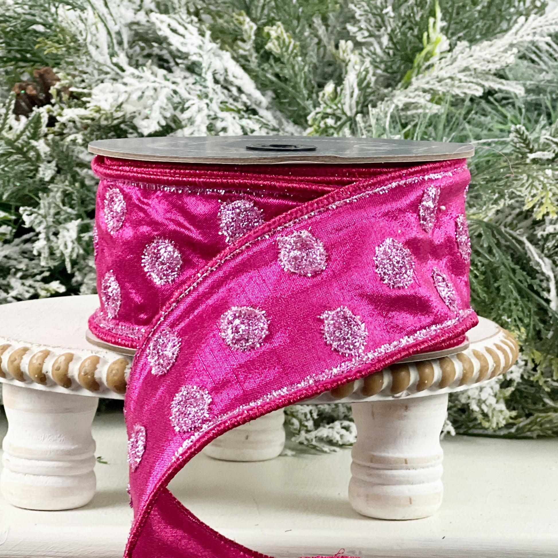 Farrisilk Hot Pink Polka Dot Ribbon, Pink Tinsel Dot Ribbon, Spring Easter Designer Decor