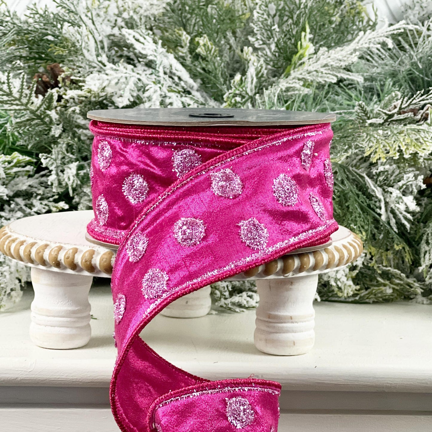 Farrisilk Hot Pink Polka Dot Ribbon, Pink Tinsel Dot Ribbon, Spring Easter Designer Decor