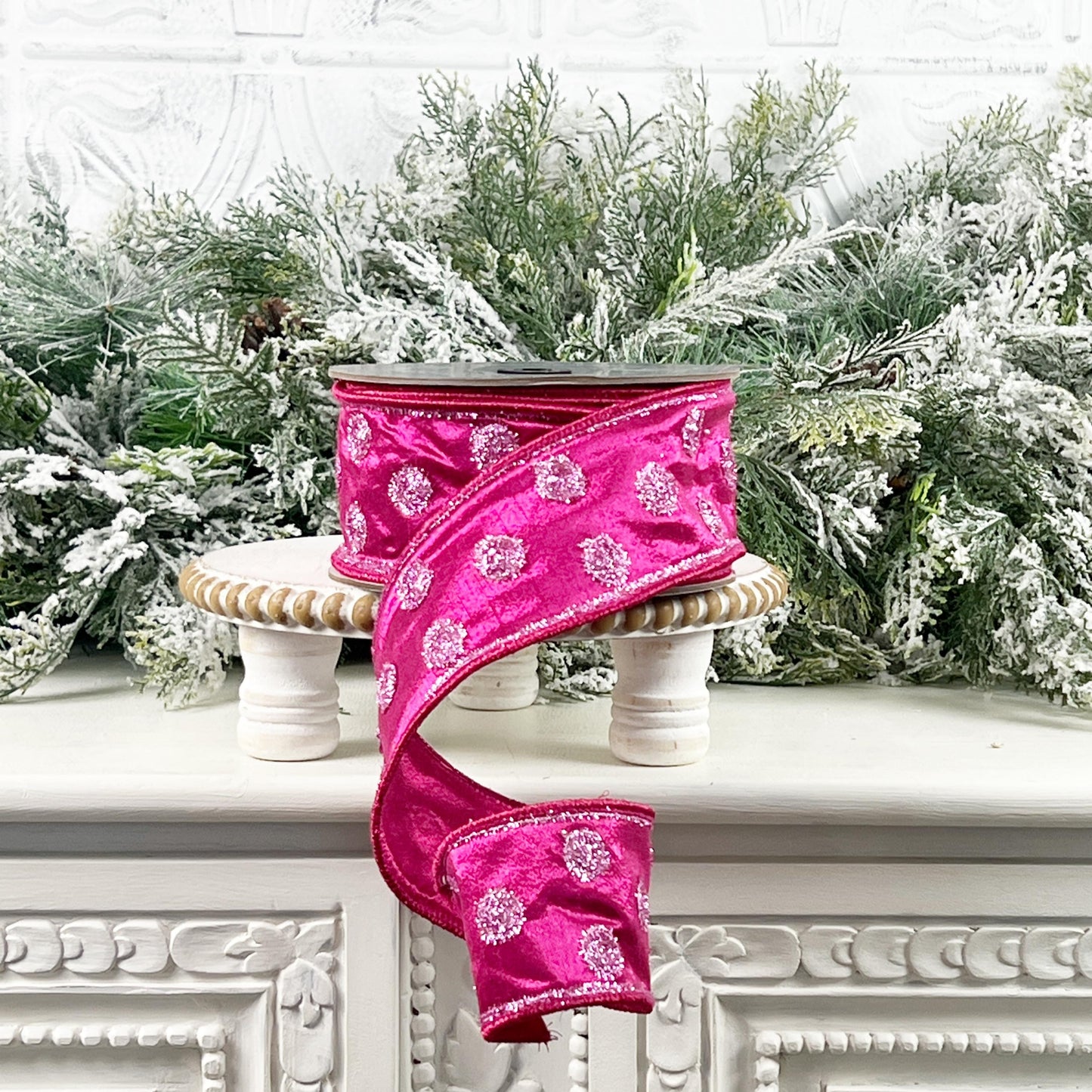 Farrisilk Hot Pink Polka Dot Ribbon, Pink Tinsel Dot Ribbon, Spring Easter Designer Decor