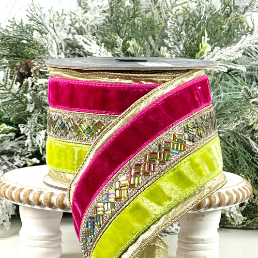 Farrisilk Hot Pink Lime Green Jeweled Velvet Ribbon, Designer Holiday Spring Wedding Decor Ribbon