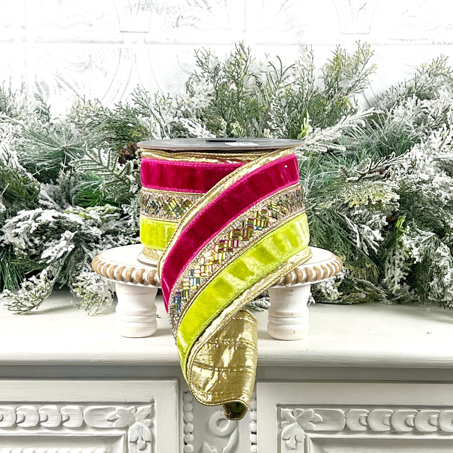 Farrisilk Hot Pink Lime Green Jeweled Velvet Ribbon, Designer Holiday Spring Wedding Decor Ribbon