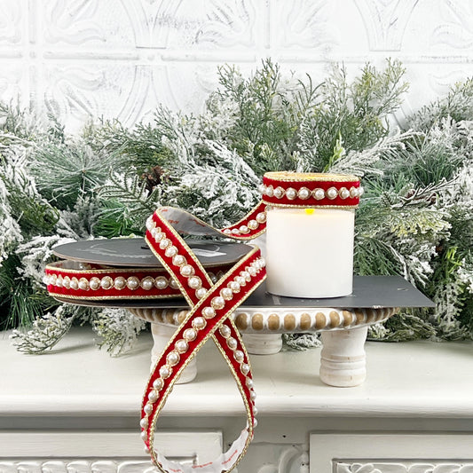 Farrisilk Pearl Border Ornamate, Red Velvet Adhesive Trim, Designer Holiday Wedding Pearl Trim