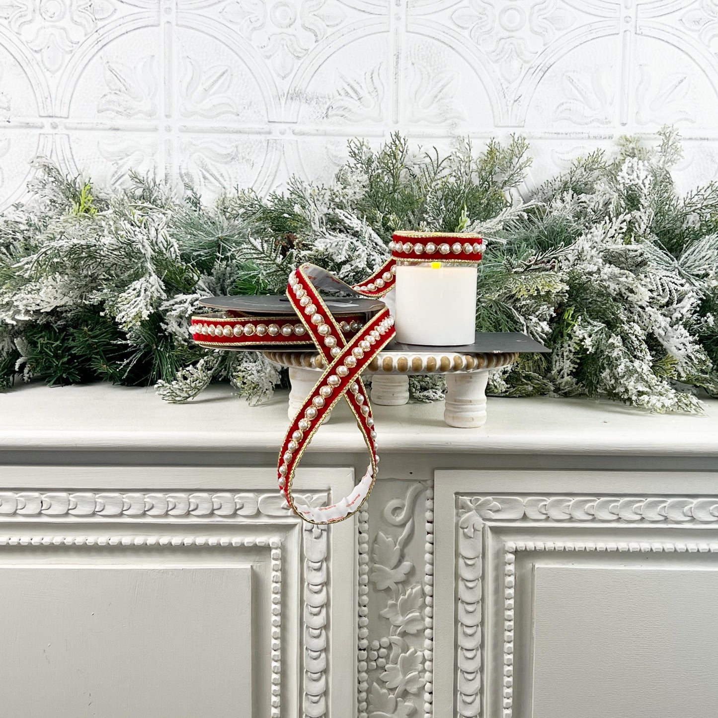 Farrisilk Pearl Border Ornamate, Red Velvet Adhesive Trim, Designer Holiday Wedding Pearl Trim