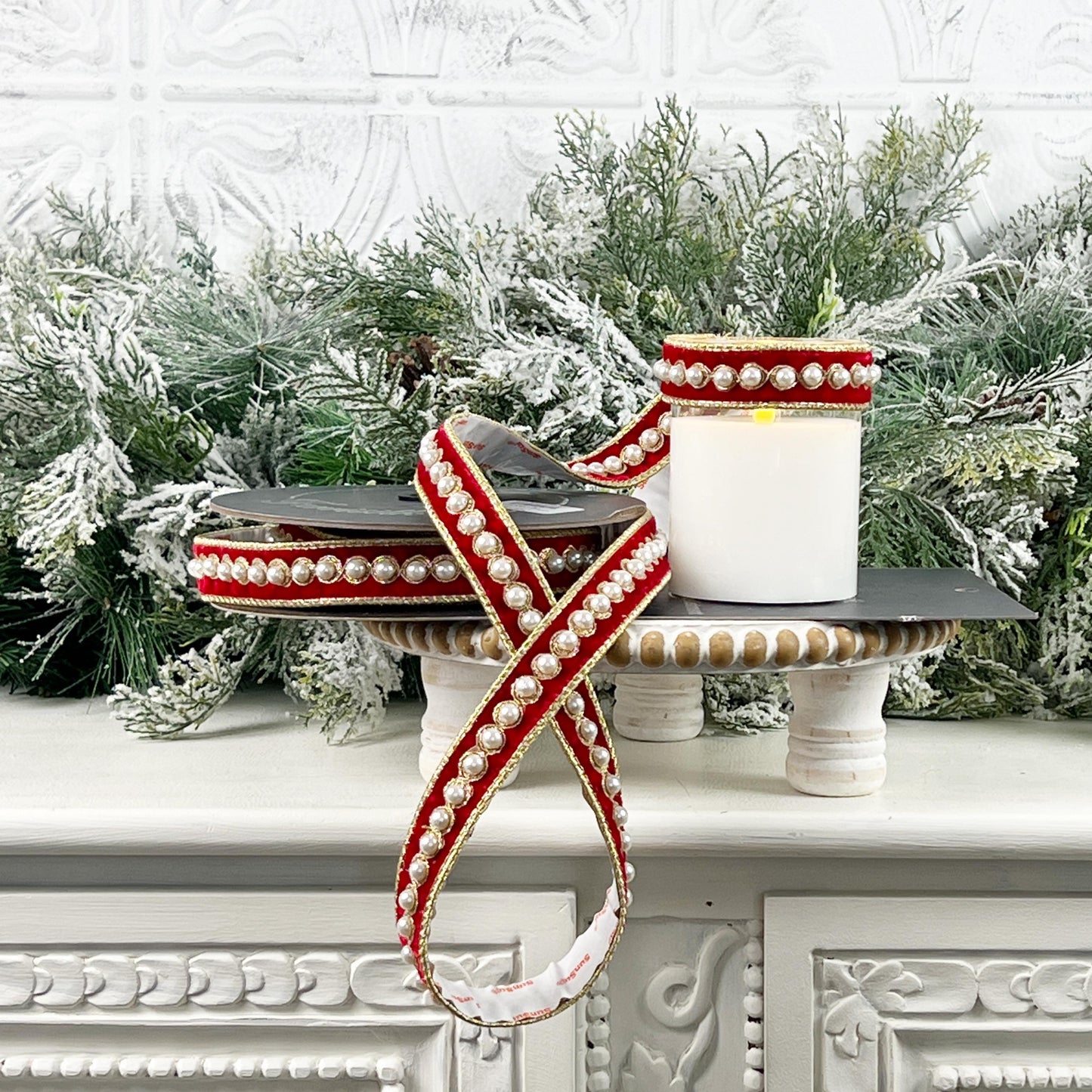 Farrisilk Pearl Border Ornamate, Red Velvet Adhesive Trim, Designer Holiday Wedding Pearl Trim