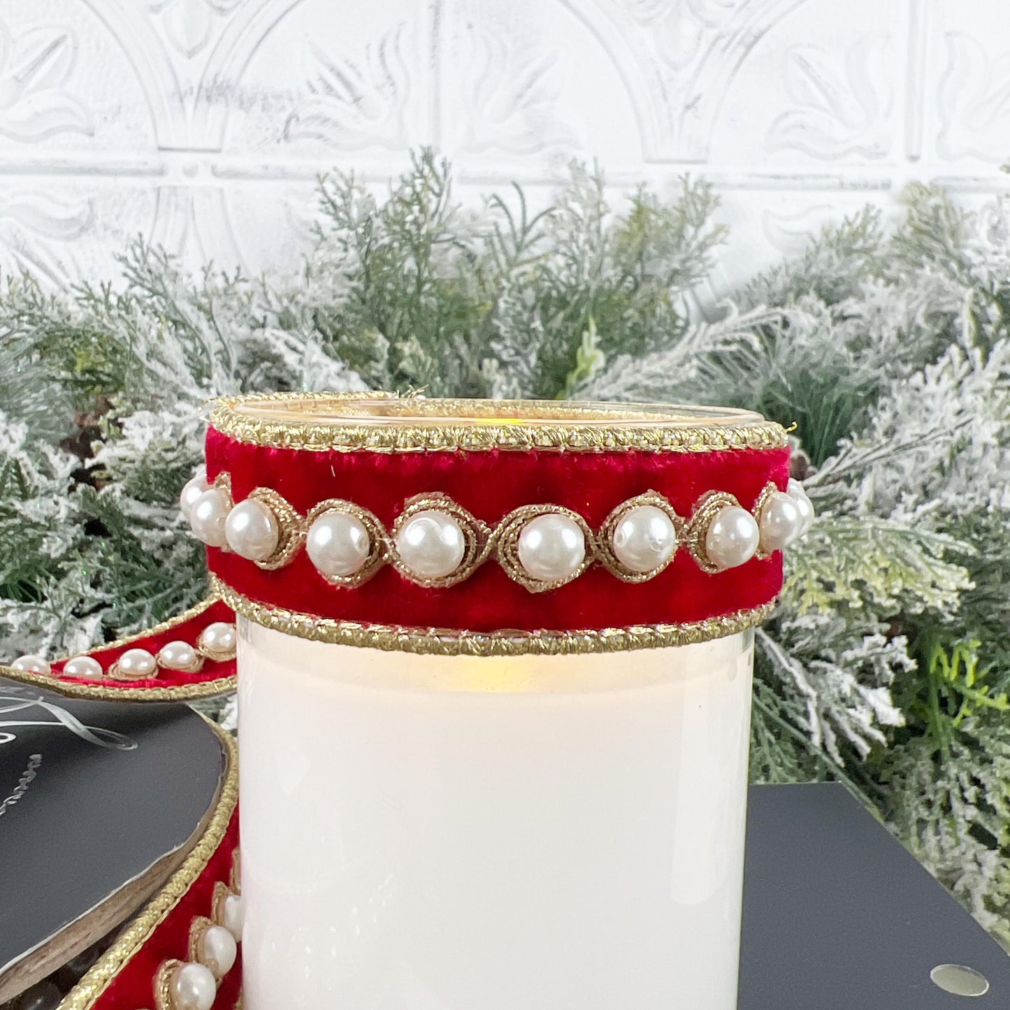 Farrisilk Pearl Border Ornamate, Red Velvet Adhesive Trim, Designer Holiday Wedding Pearl Trim