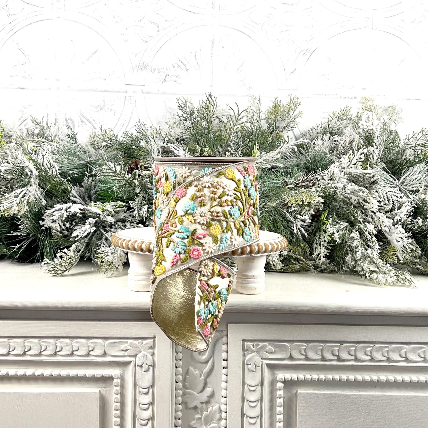 D Stevens Floral Embroidered Ribbon, Platinum Jeweled Ribbon, Pink and Blue Appliqué Ribbon, Designer Ribbon, Luxury Floral Trim