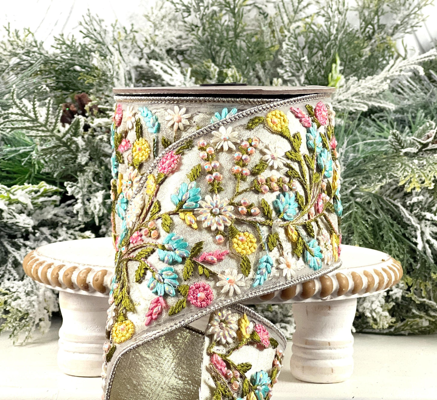 D Stevens Floral Embroidered Ribbon, Platinum Jeweled Ribbon, Pink and Blue Appliqué Ribbon, Designer Ribbon, Luxury Floral Trim