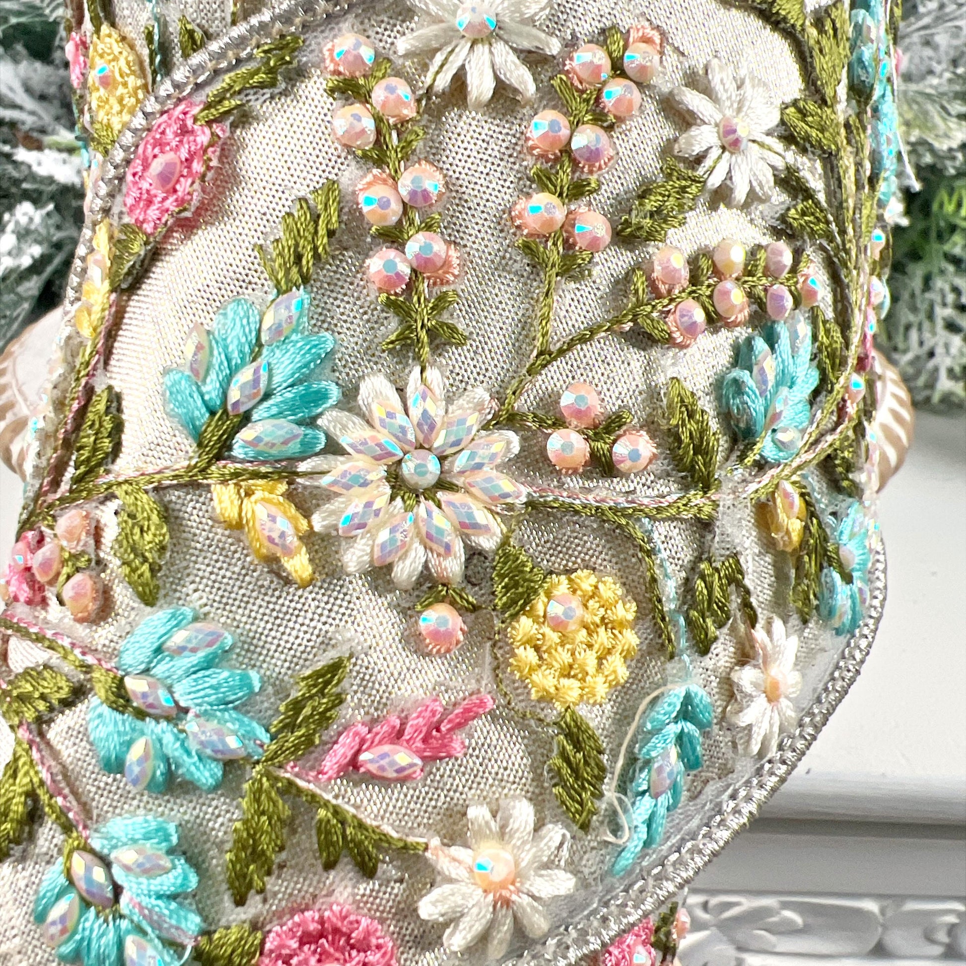 D Stevens Floral Embroidered Ribbon, Platinum Jeweled Ribbon, Pink and Blue Appliqué Ribbon, Designer Ribbon, Luxury Floral Trim