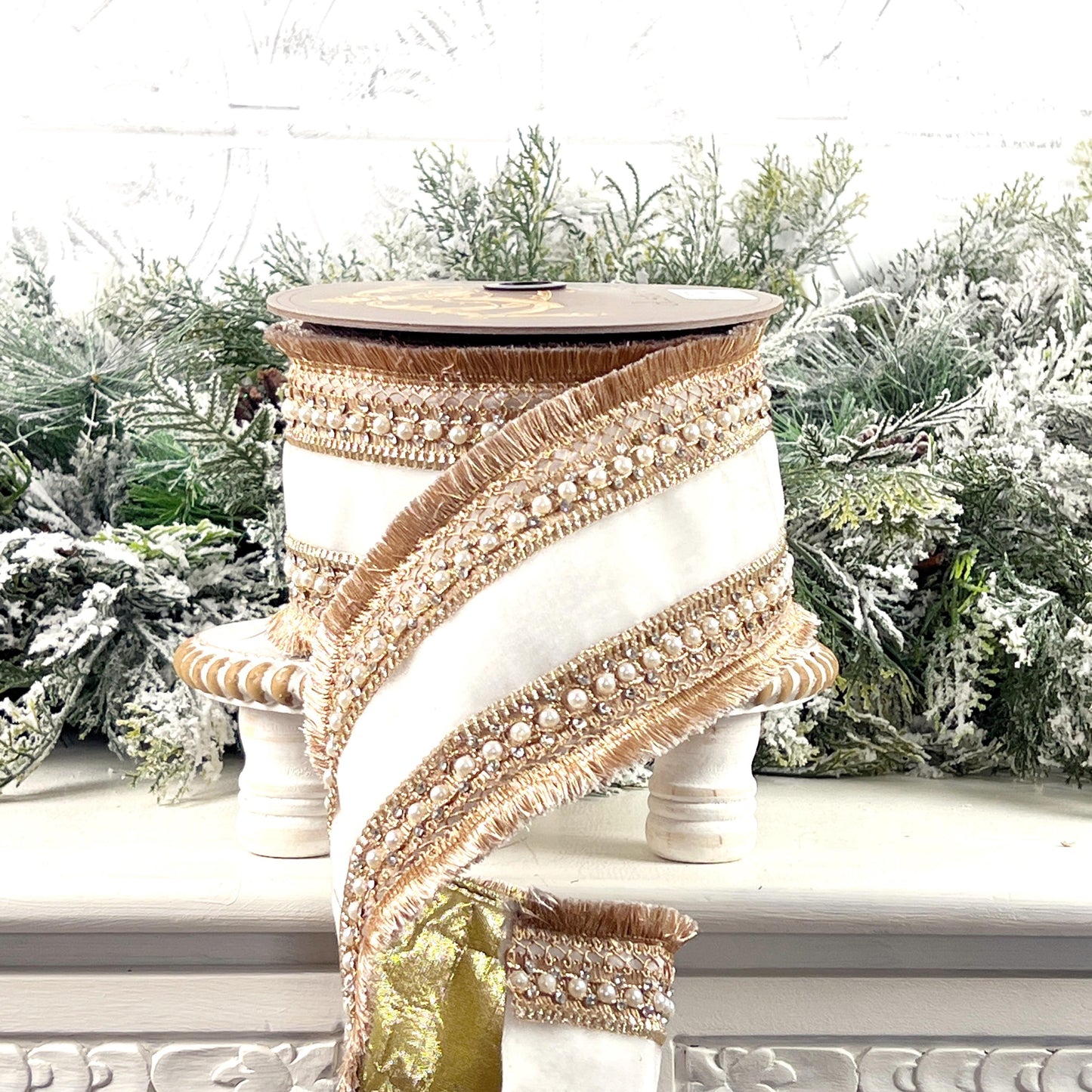 D Stevens Pearl Trim Velvet Ribbon, White Velvet Jeweled Ribbon, Gold Fringe Designer Ribbon, Luxury Wedding and Floral Decor