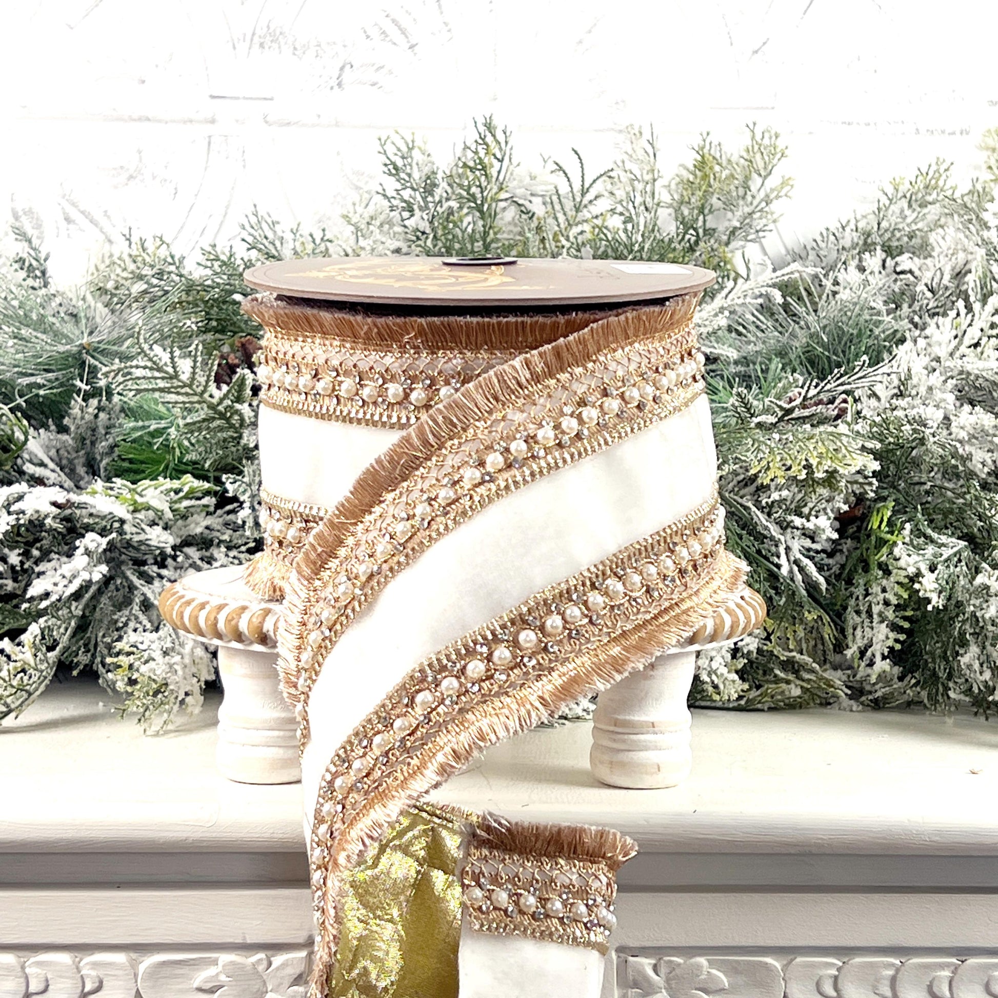 D Stevens Pearl Trim Velvet Ribbon, White Velvet Jeweled Ribbon, Gold Fringe Designer Ribbon, Luxury Wedding and Floral Decor