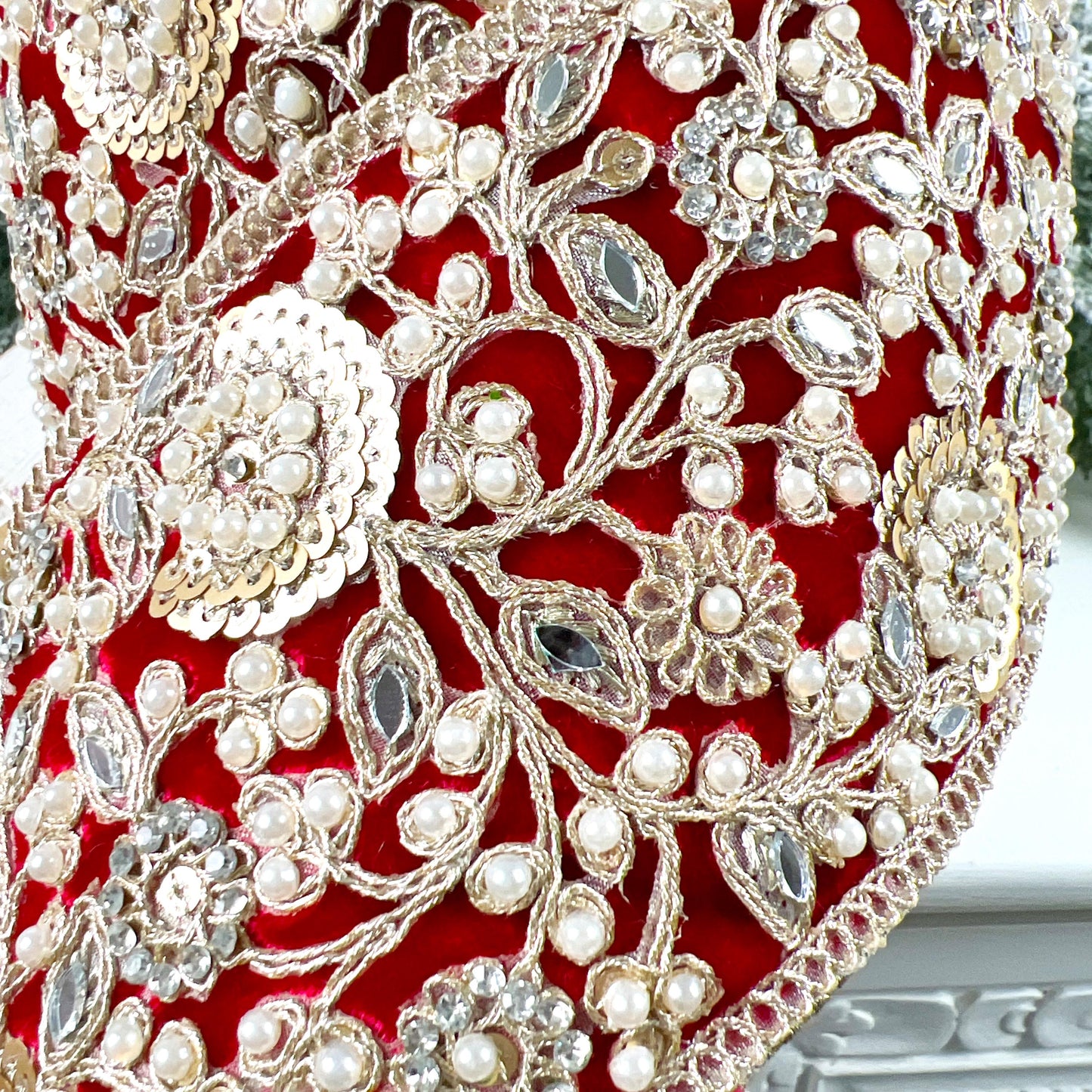 D Stevens Embroidered and Jeweled Red Velvet Ribbon, Floral Pearl Trim, Designer Holiday Ribbon, Luxury Wedding and Floral Decor