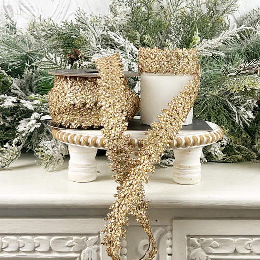 Farrisilk Jeweled Ornate Ribbon, Gold Rhinestone Adhesive Ribbon, Designer Trim for Holiday Decor