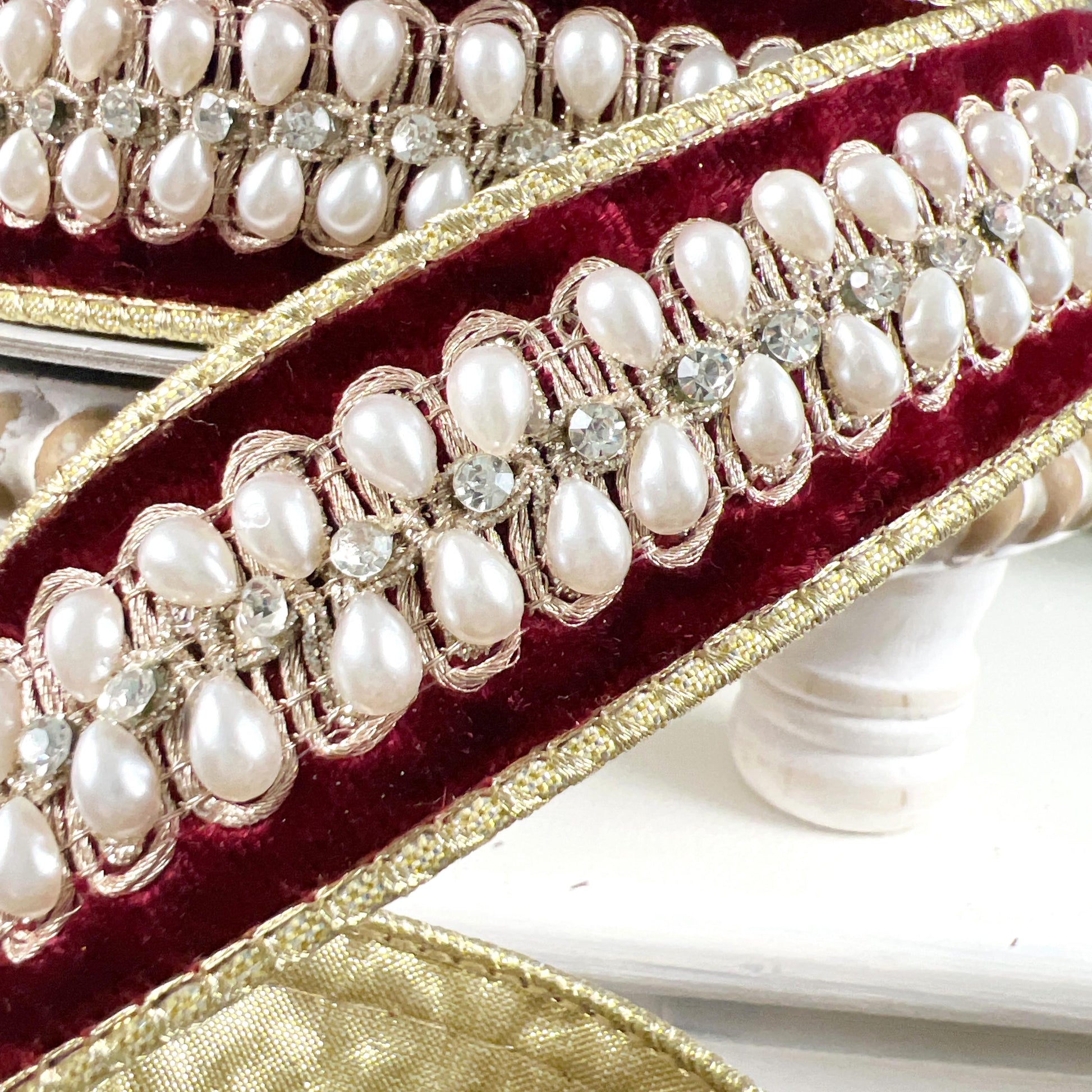 Farrisilk Pearl Necklace Ribbon, Garnet Velvet Ribbon with Pearls, Luxury Holiday and Wedding Decor