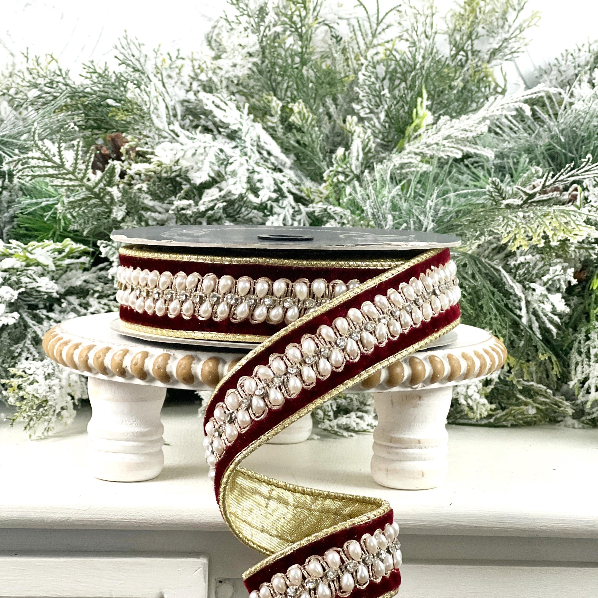 Farrisilk Pearl Necklace Ribbon, Garnet Velvet Ribbon with Pearls, Luxury Holiday and Wedding Decor