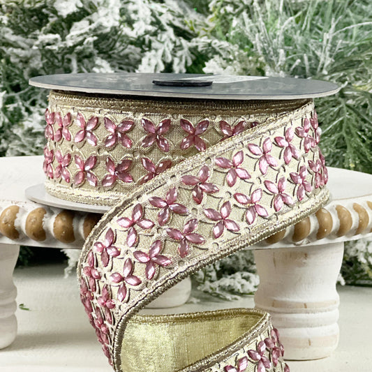 Farrisilk Jeweled Floral Ribbon, Platinum Ribbon with Dusty Rose Gems, Holiday Spring Wedding Decor