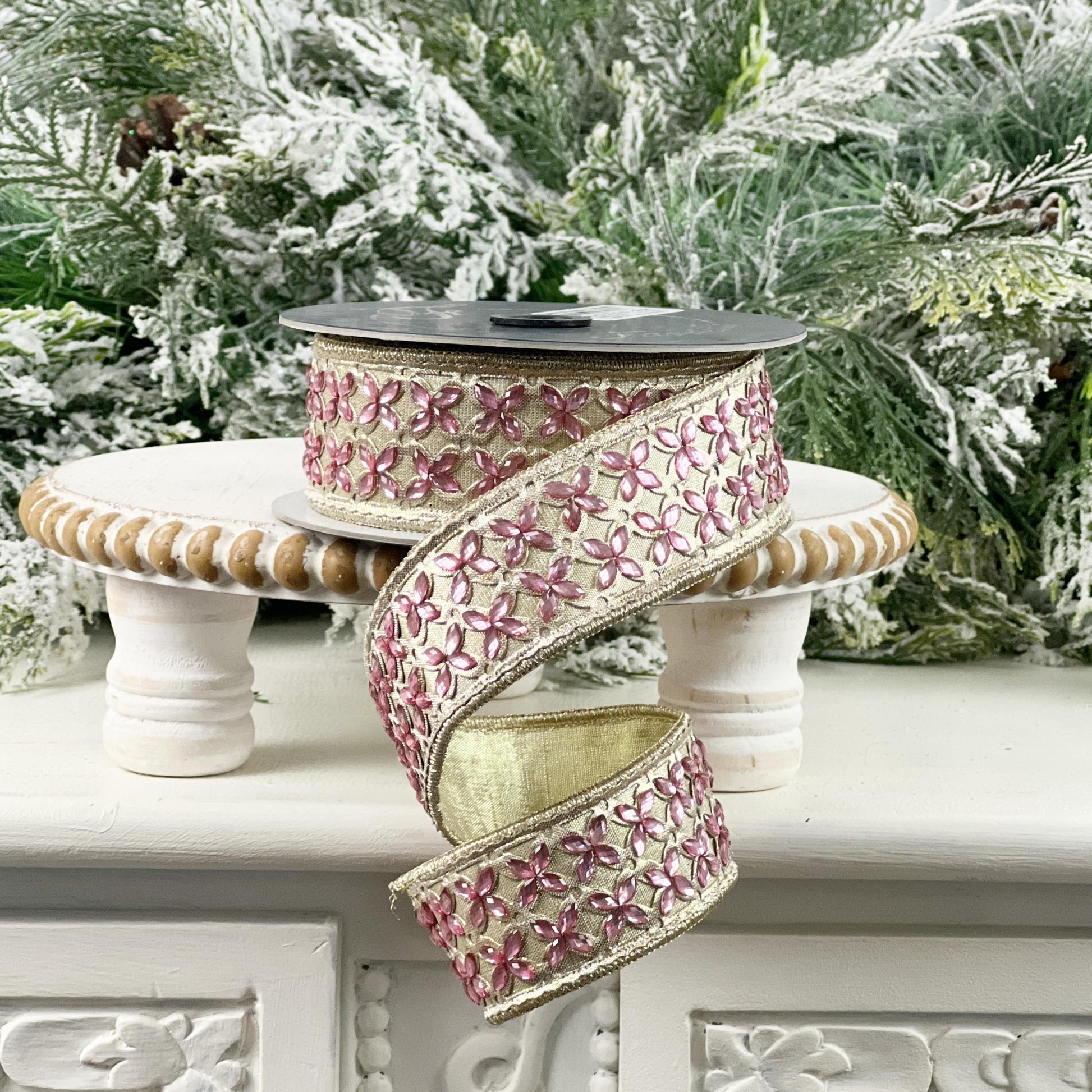 Farrisilk Jeweled Floral Ribbon, Platinum Ribbon with Dusty Rose Gems, Holiday Spring Wedding Decor