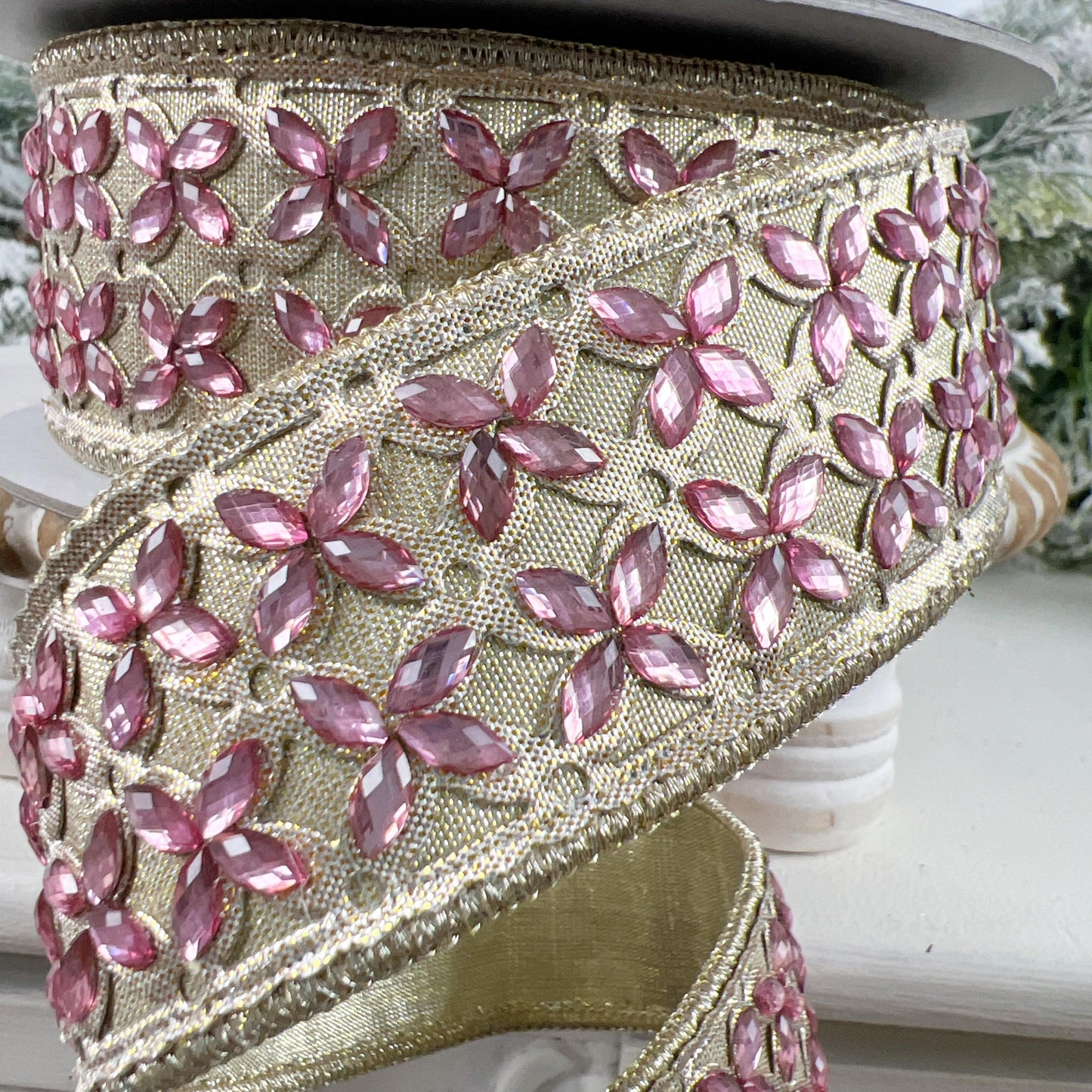 Farrisilk Jeweled Floral Ribbon, Platinum Ribbon with Dusty Rose Gems, Holiday Spring Wedding Decor