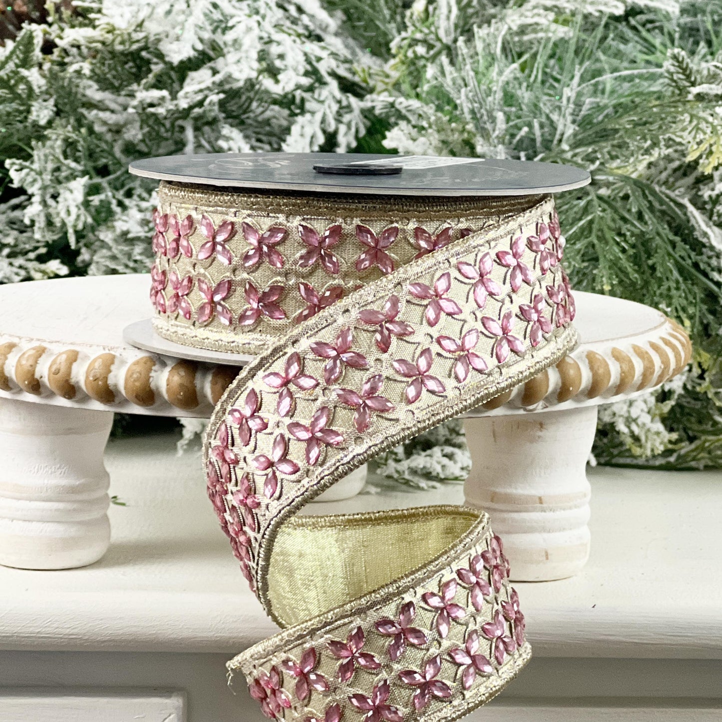 Farrisilk Jeweled Floral Ribbon, Platinum Ribbon with Dusty Rose Gems, Holiday Spring Wedding Decor