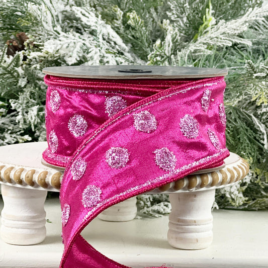 Farrisilk Hot Pink Polka Dot Ribbon, Pink Tinsel Dot Ribbon, Spring Easter Designer Decor