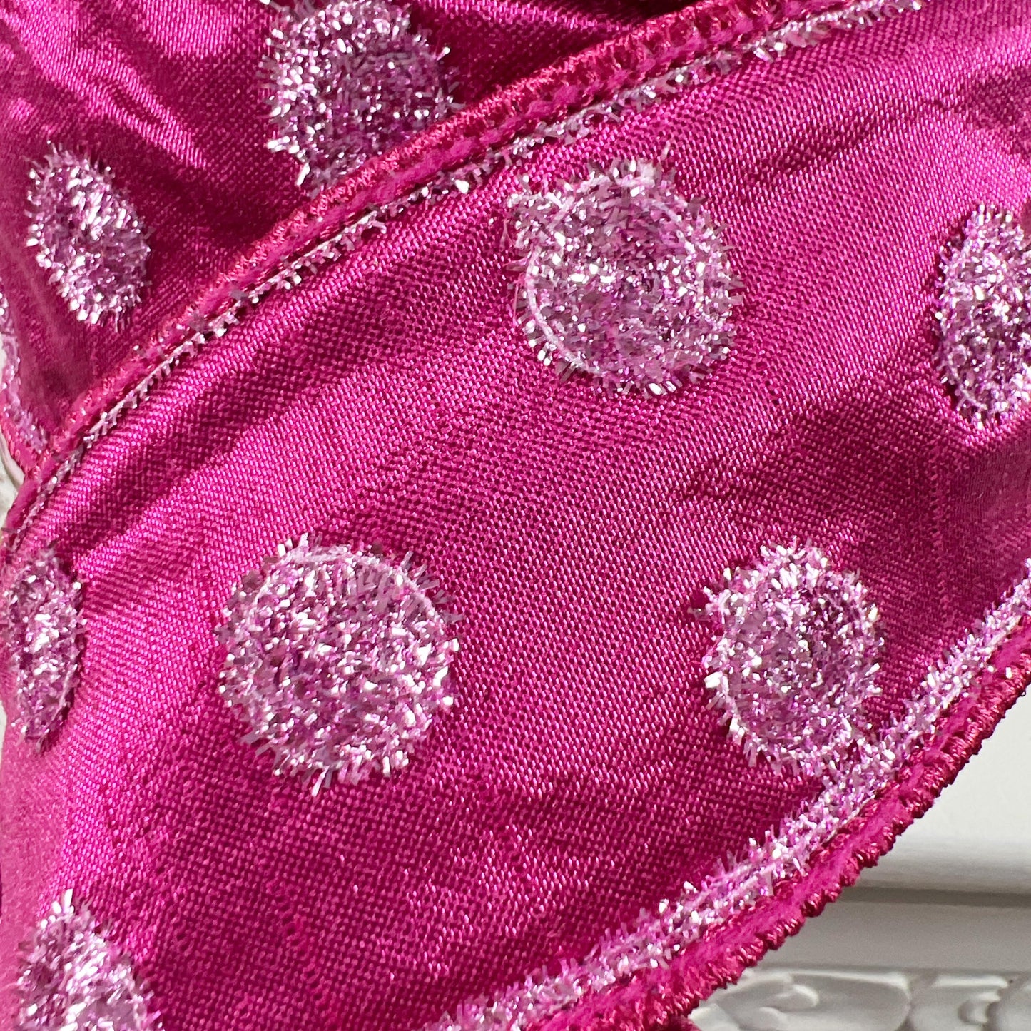 Farrisilk Hot Pink Polka Dot Ribbon, Pink Tinsel Dot Ribbon, Spring Easter Designer Decor