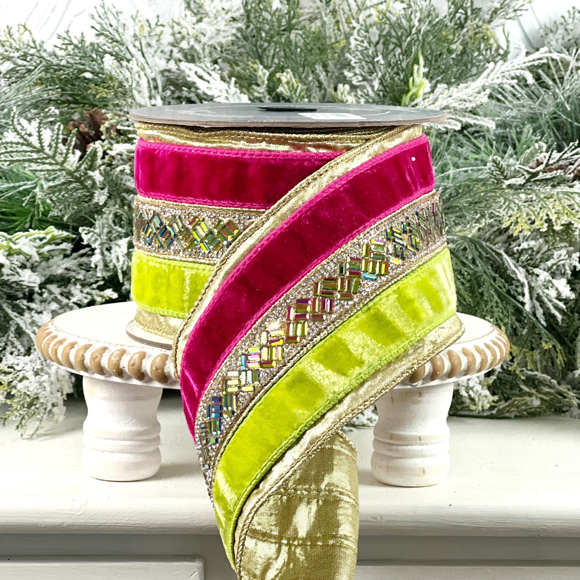 Farrisilk Hot Pink Lime Green Jeweled Velvet Ribbon, Designer Holiday Spring Wedding Decor Ribbon