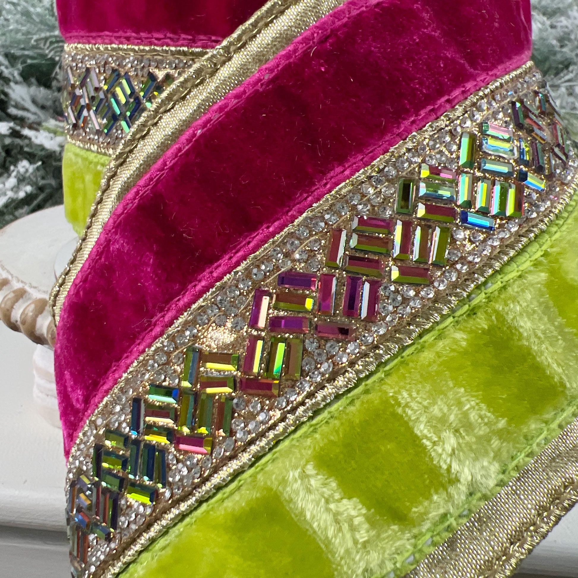 Farrisilk Hot Pink Lime Green Jeweled Velvet Ribbon, Designer Holiday Spring Wedding Decor Ribbon