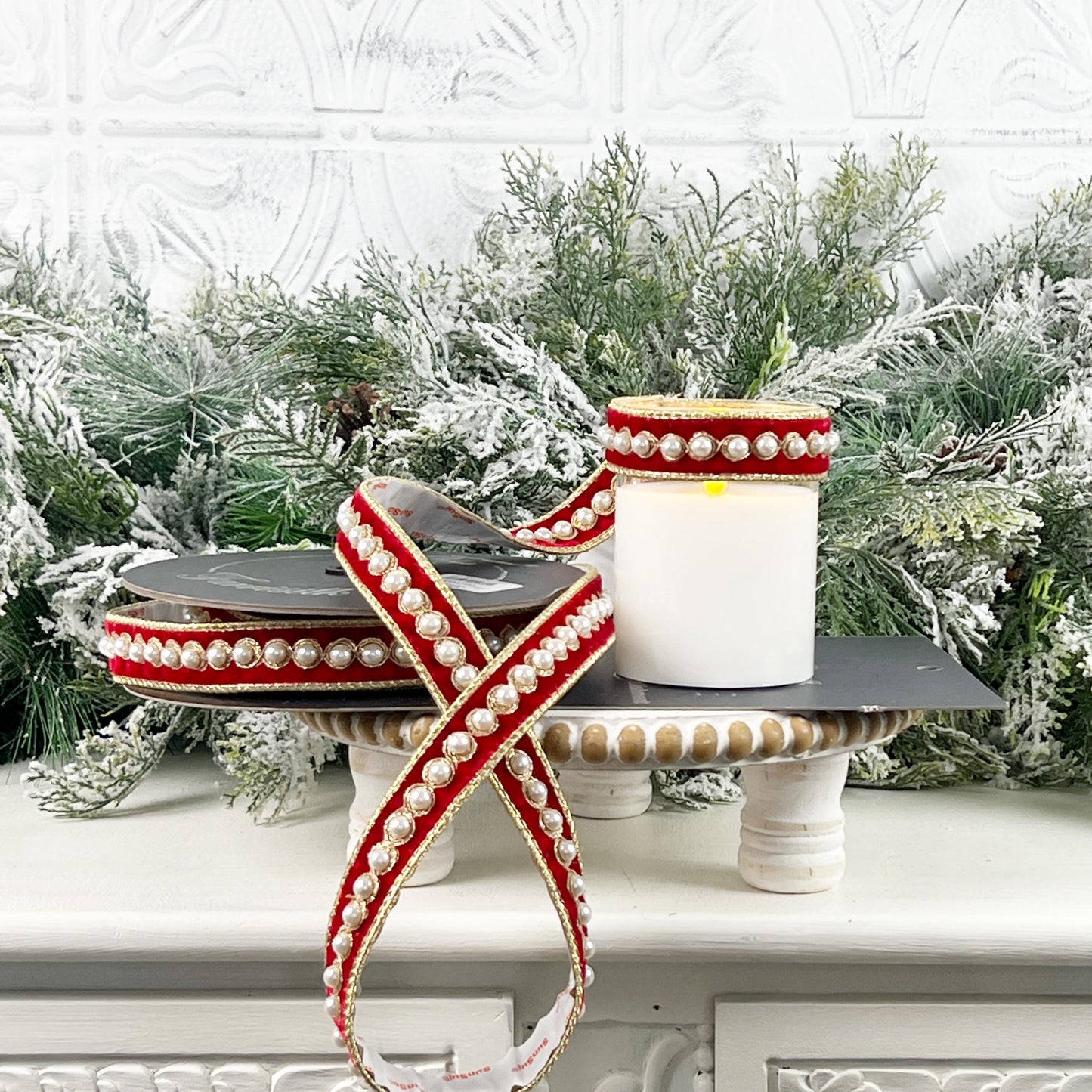 Farrisilk Pearl Border Ornamate, Red Velvet Adhesive Trim, Designer Holiday Wedding Pearl Trim