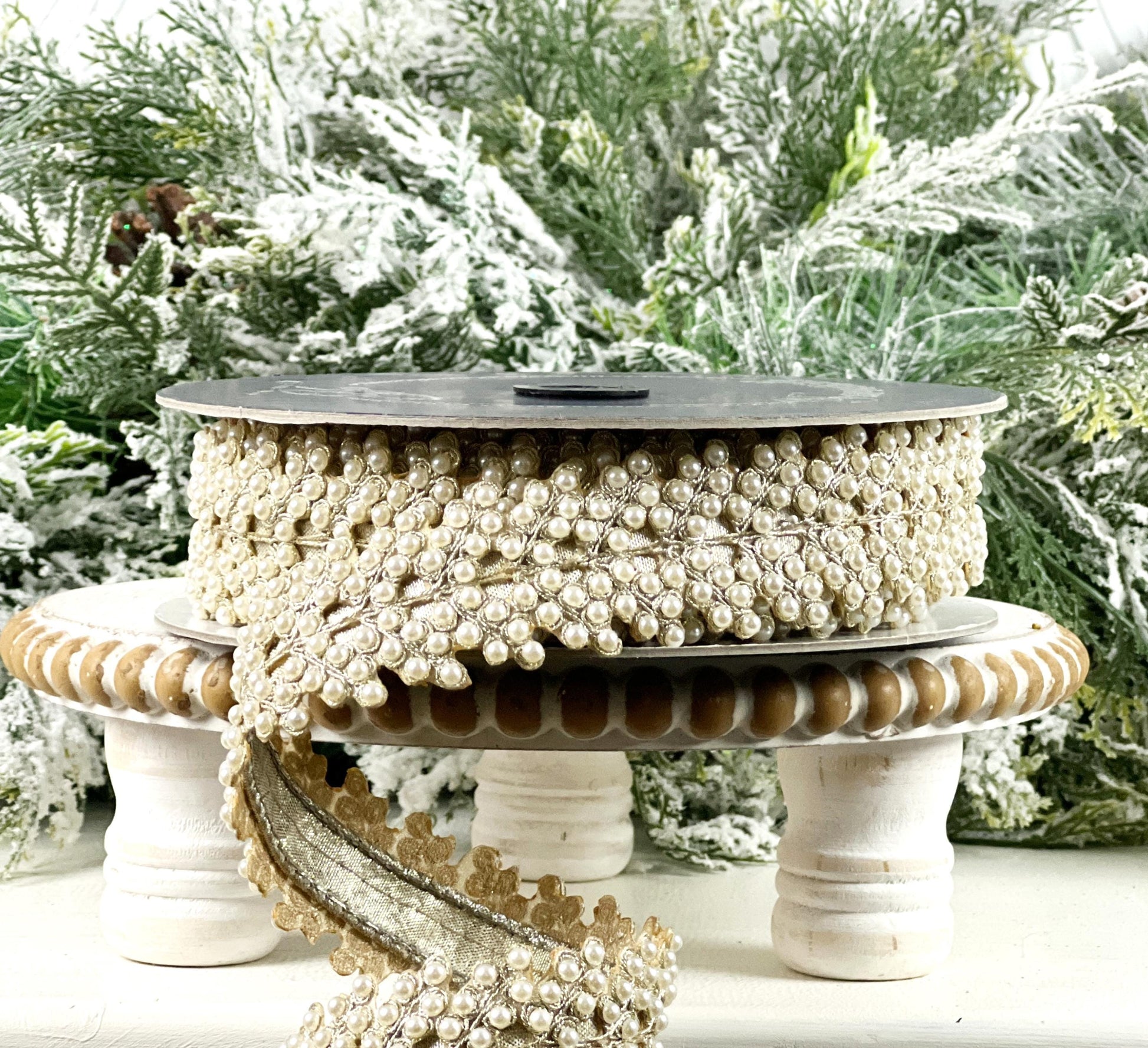 Pearl Vine Ribbon, Jeweled Ribbon, Pearl and Platinum Ribbon, Farrisilk Pearl Ribbon, 1.5" Jeweled Ribbon, Wedding Ribbon, Holiday Ribbon,