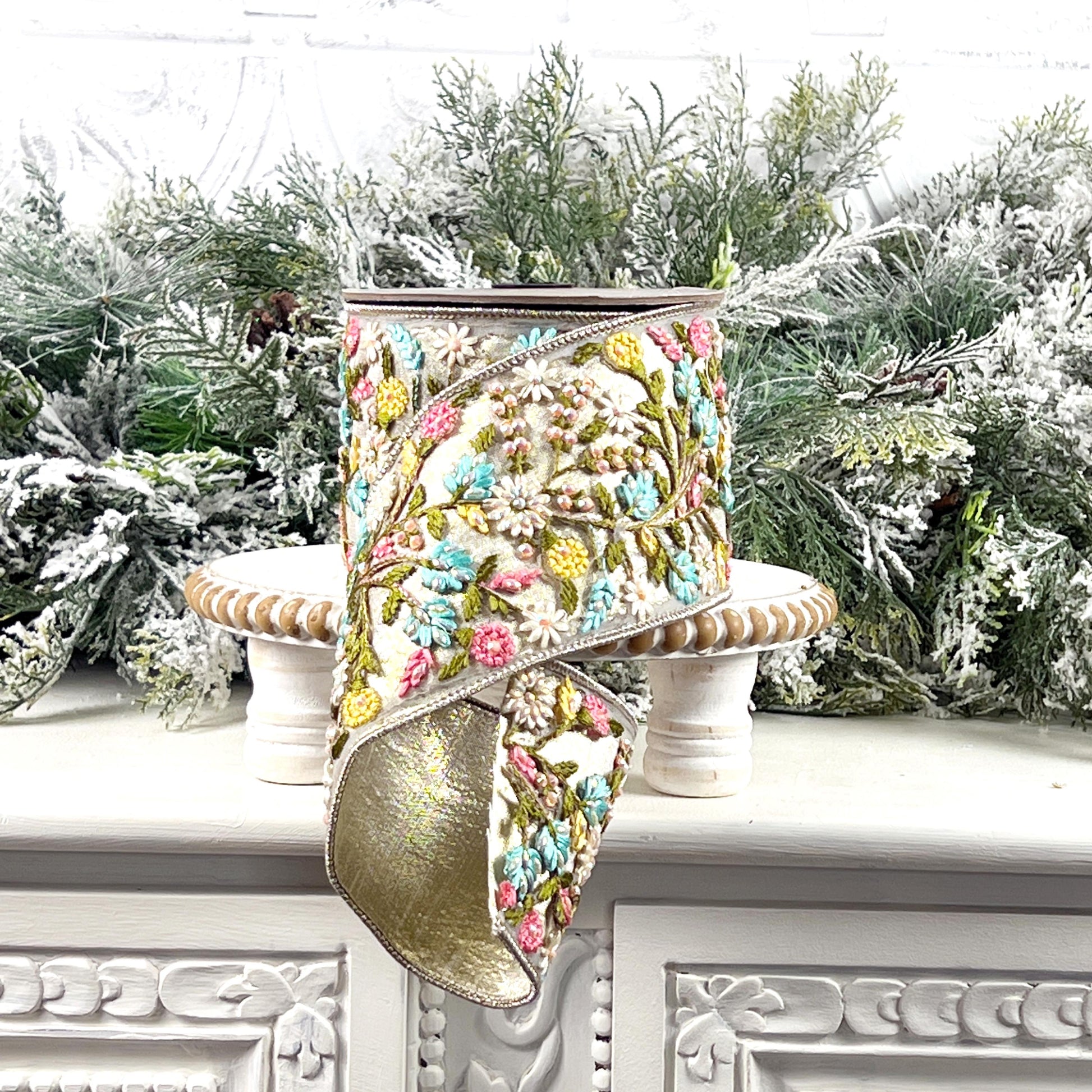 D Stevens Floral Embroidered Ribbon, Platinum Jeweled Ribbon, Pink and Blue Appliqué Ribbon, Designer Ribbon, Luxury Floral Trim