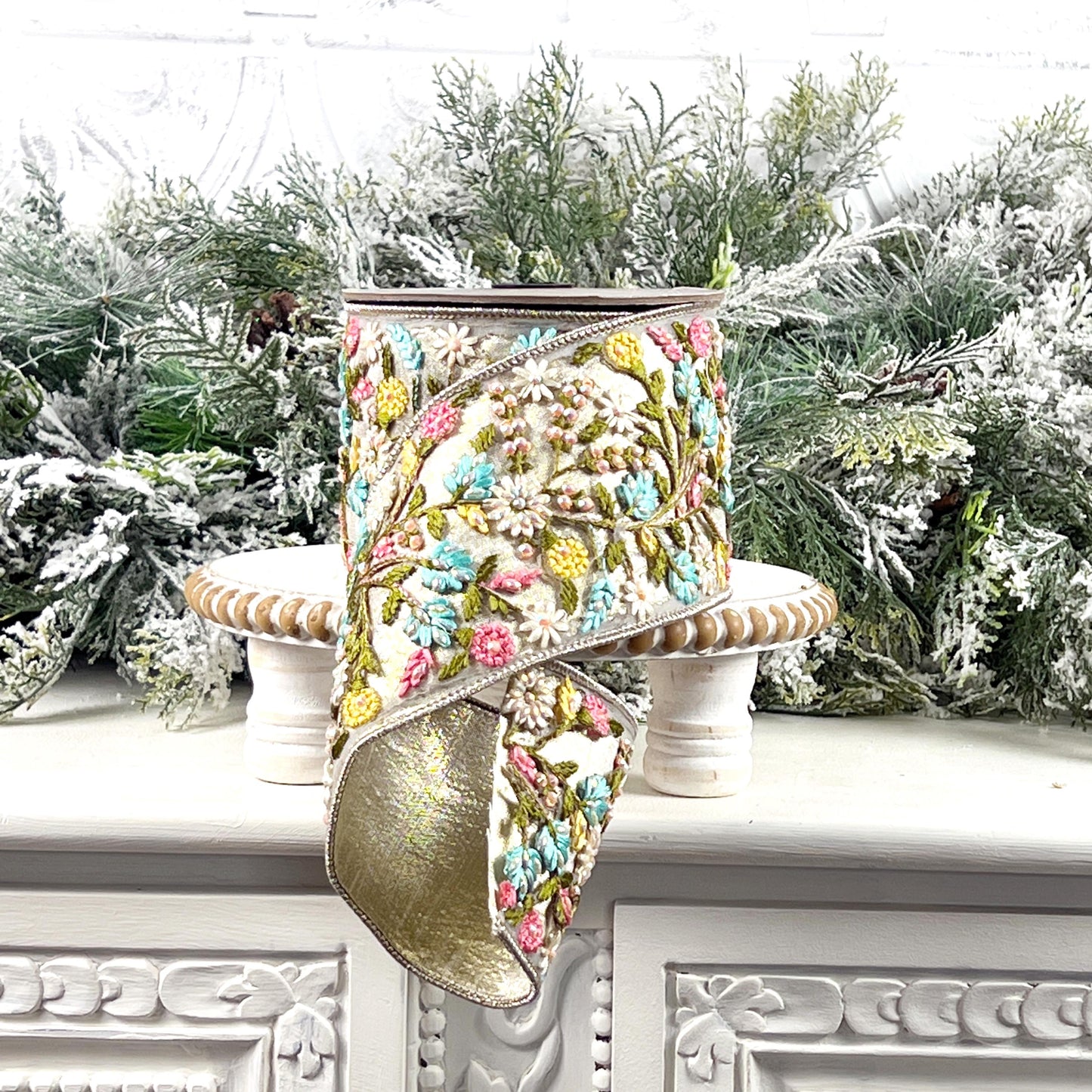 D Stevens Floral Embroidered Ribbon, Platinum Jeweled Ribbon, Pink and Blue Appliqué Ribbon, Designer Ribbon, Luxury Floral Trim