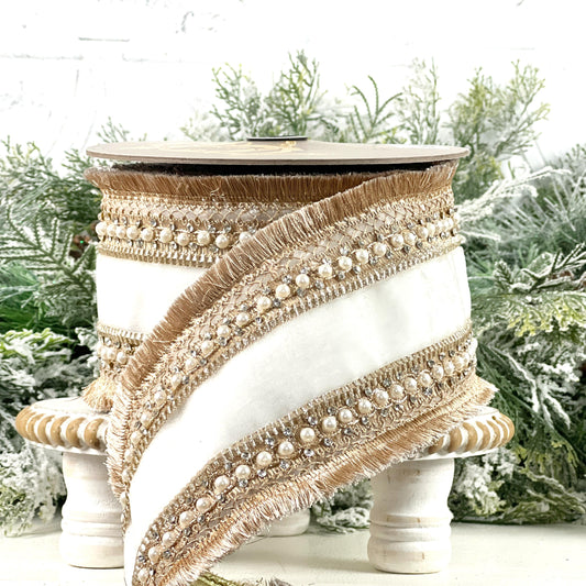 D Stevens Pearl Trim Velvet Ribbon, White Velvet Jeweled Ribbon, Gold Fringe Designer Ribbon, Luxury Wedding and Floral Decor