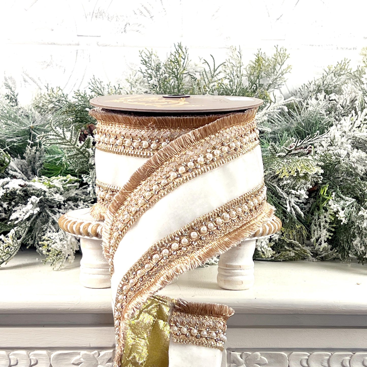 D Stevens Pearl Trim Velvet Ribbon, White Velvet Jeweled Ribbon, Gold Fringe Designer Ribbon, Luxury Wedding and Floral Decor