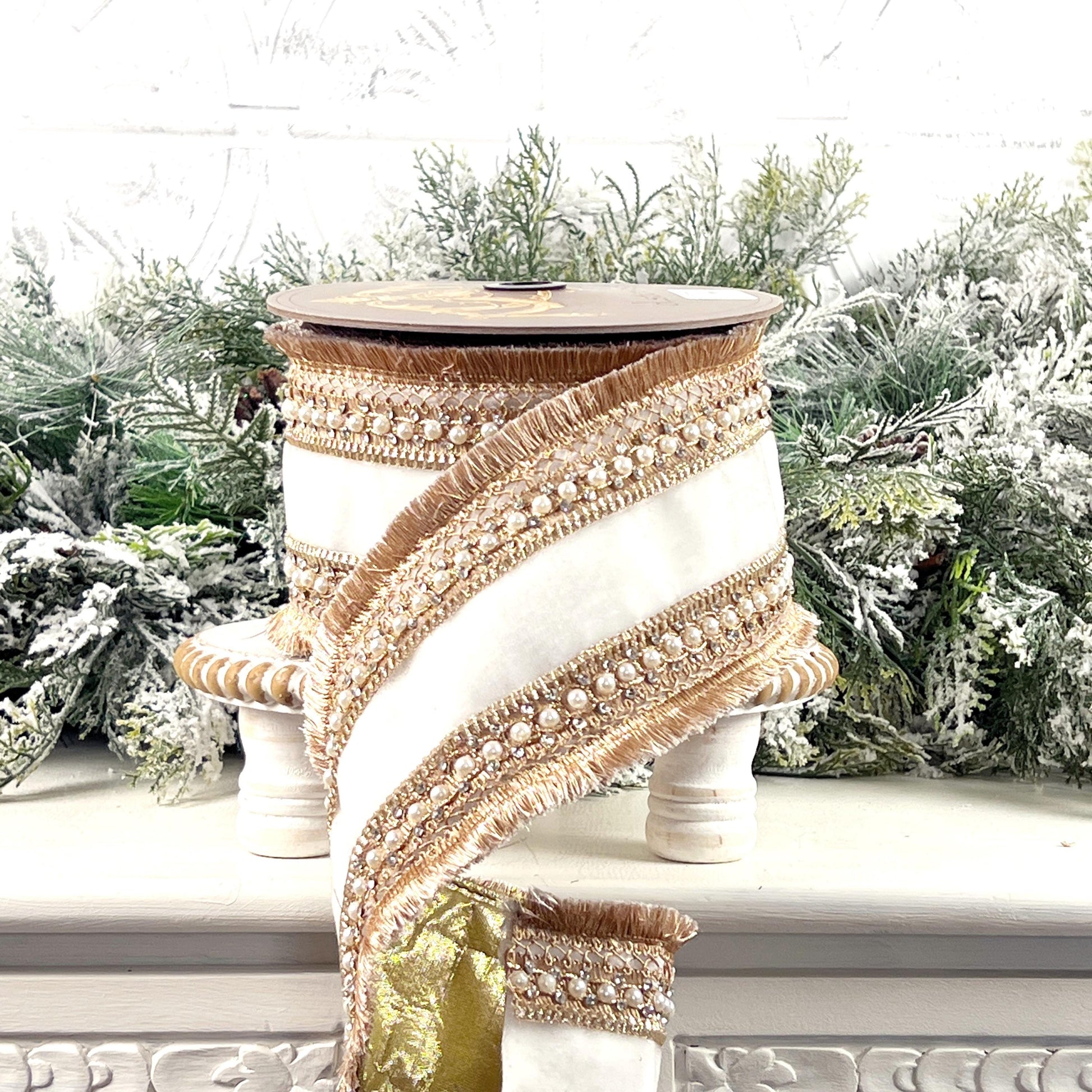 D Stevens Pearl Trim Velvet Ribbon, White Velvet Jeweled Ribbon, Gold Fringe Designer Ribbon, Luxury Wedding and Floral Decor