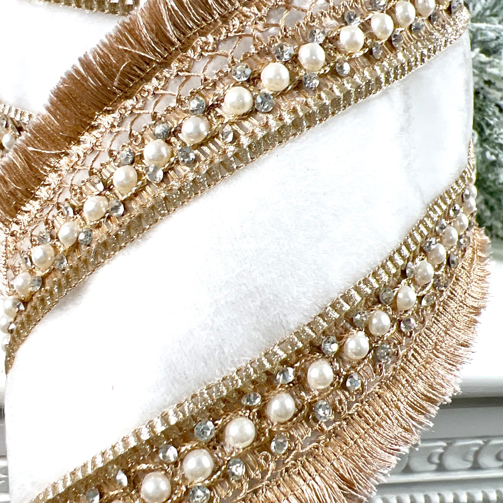 D Stevens Pearl Trim Velvet Ribbon, White Velvet Jeweled Ribbon, Gold Fringe Designer Ribbon, Luxury Wedding and Floral Decor