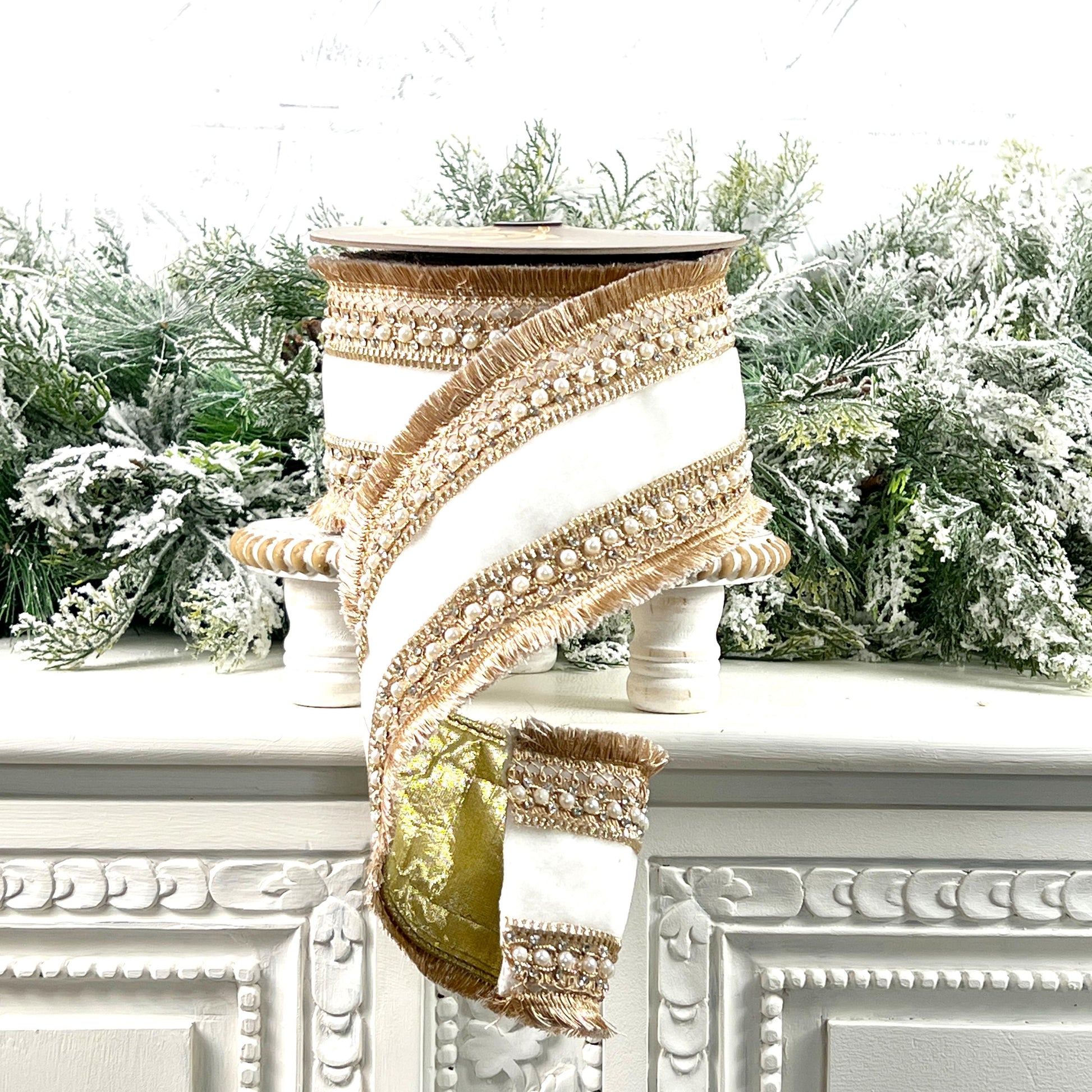 D Stevens Pearl Trim Velvet Ribbon, White Velvet Jeweled Ribbon, Gold Fringe Designer Ribbon, Luxury Wedding and Floral Decor