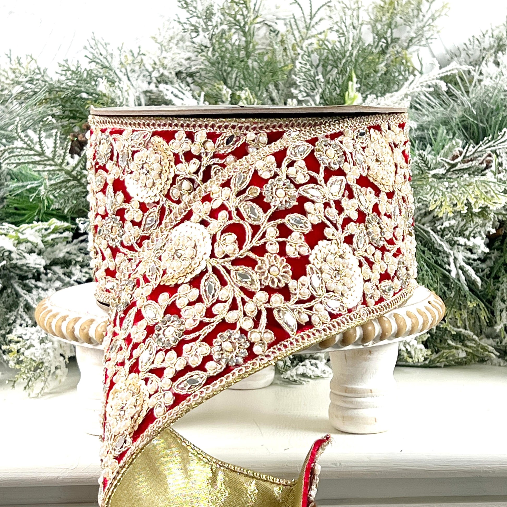 D Stevens Embroidered and Jeweled Red Velvet Ribbon, Floral Pearl Trim, Designer Holiday Ribbon, Luxury Wedding and Floral Decor