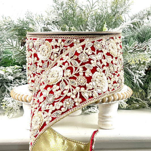 D Stevens Embroidered and Jeweled Red Velvet Ribbon, Floral Pearl Trim, Designer Holiday Ribbon, Luxury Wedding and Floral Decor