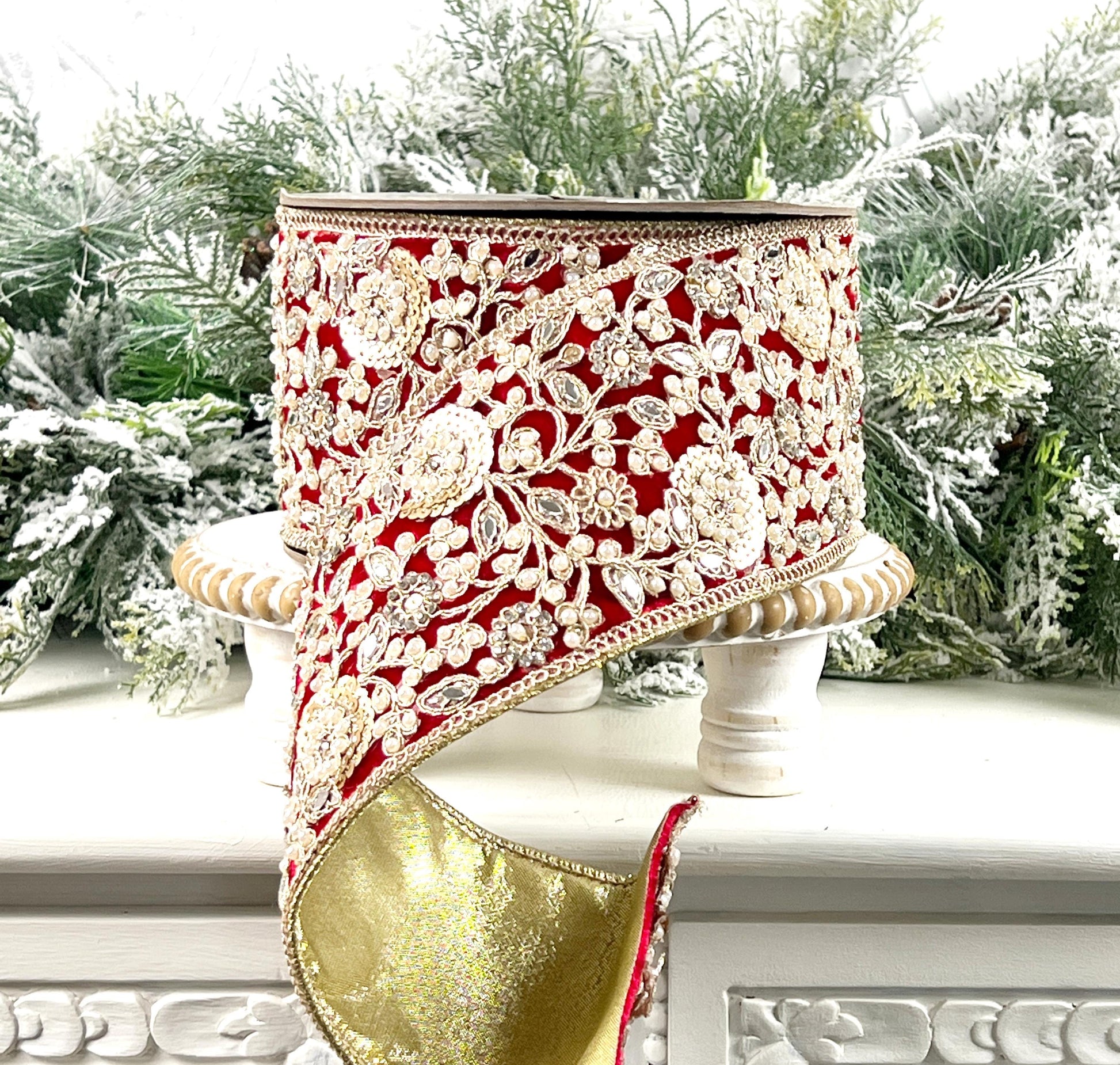 D Stevens Embroidered and Jeweled Red Velvet Ribbon, Floral Pearl Trim, Designer Holiday Ribbon, Luxury Wedding and Floral Decor