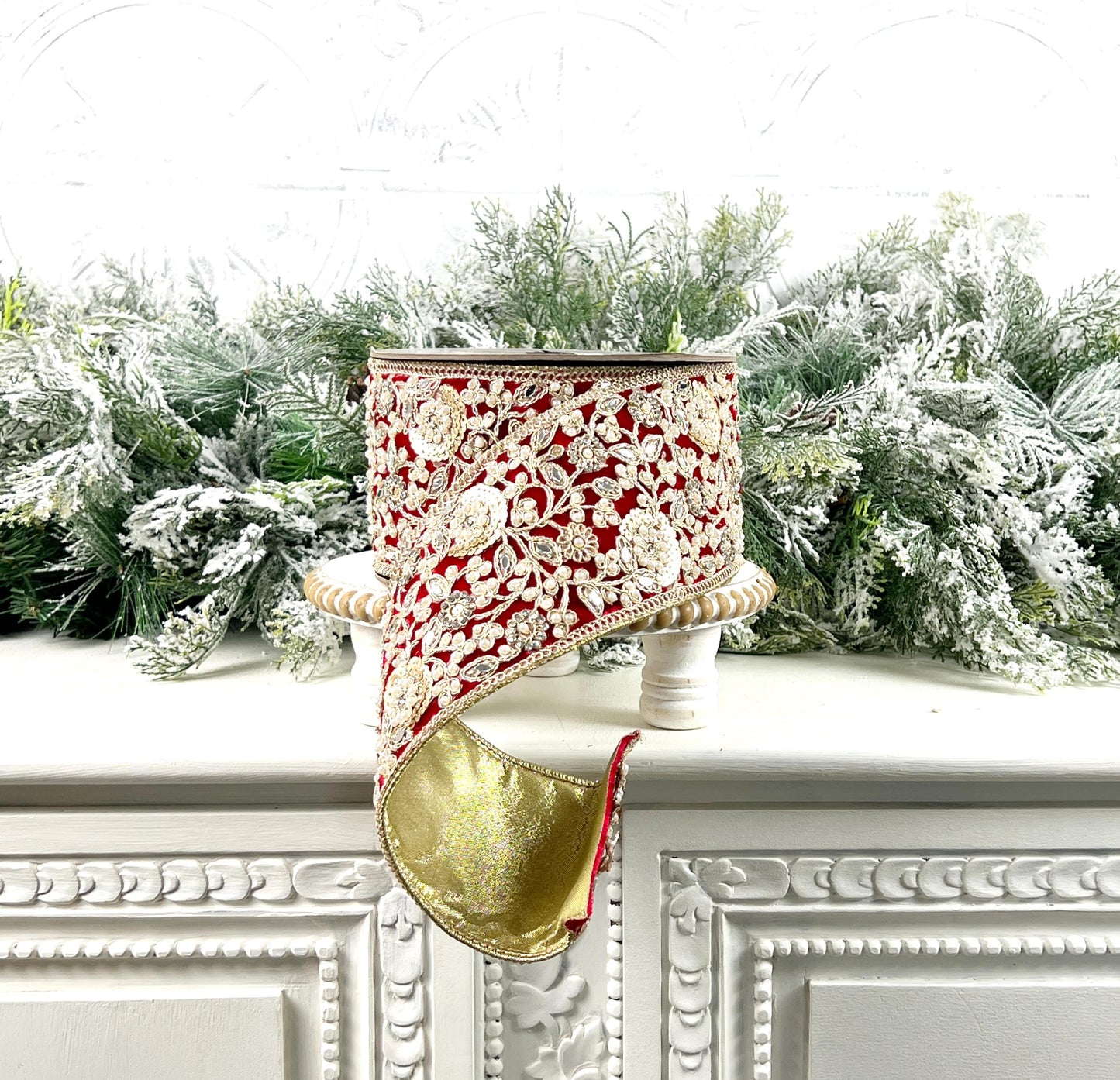 D Stevens Embroidered and Jeweled Red Velvet Ribbon, Floral Pearl Trim, Designer Holiday Ribbon, Luxury Wedding and Floral Decor