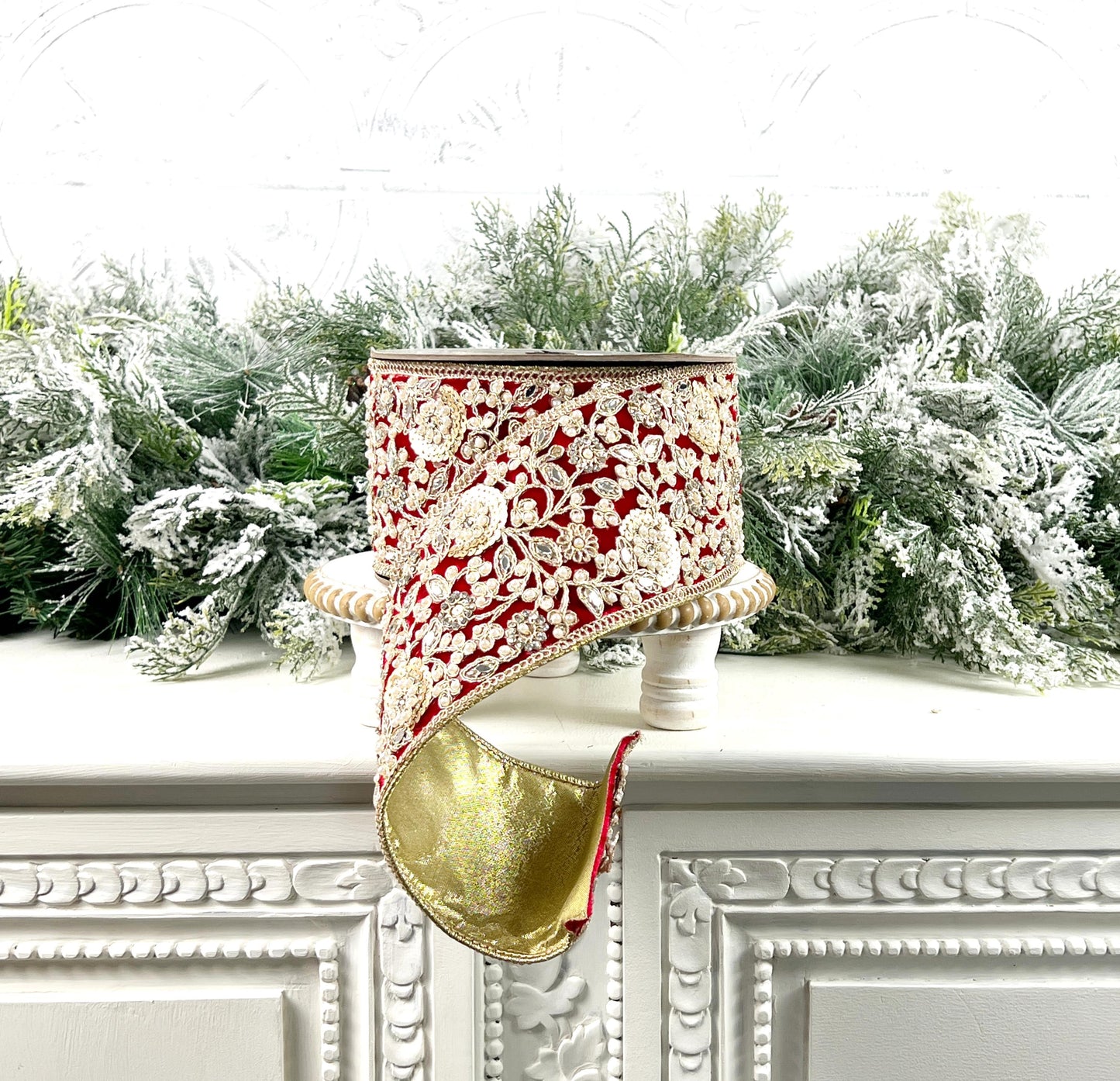 D Stevens Embroidered and Jeweled Red Velvet Ribbon, Floral Pearl Trim, Designer Holiday Ribbon, Luxury Wedding and Floral Decor