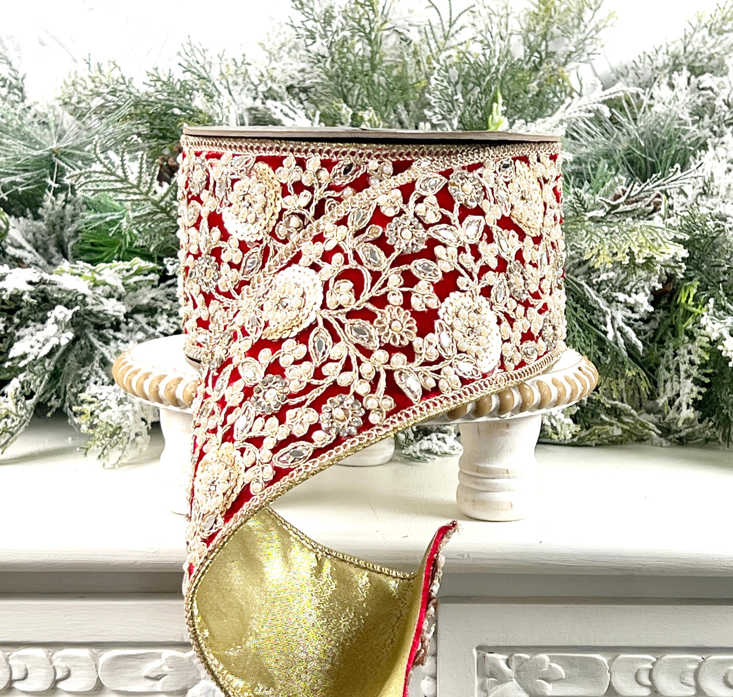 D Stevens Embroidered and Jeweled Red Velvet Ribbon, Floral Pearl Trim, Designer Holiday Ribbon, Luxury Wedding and Floral Decor