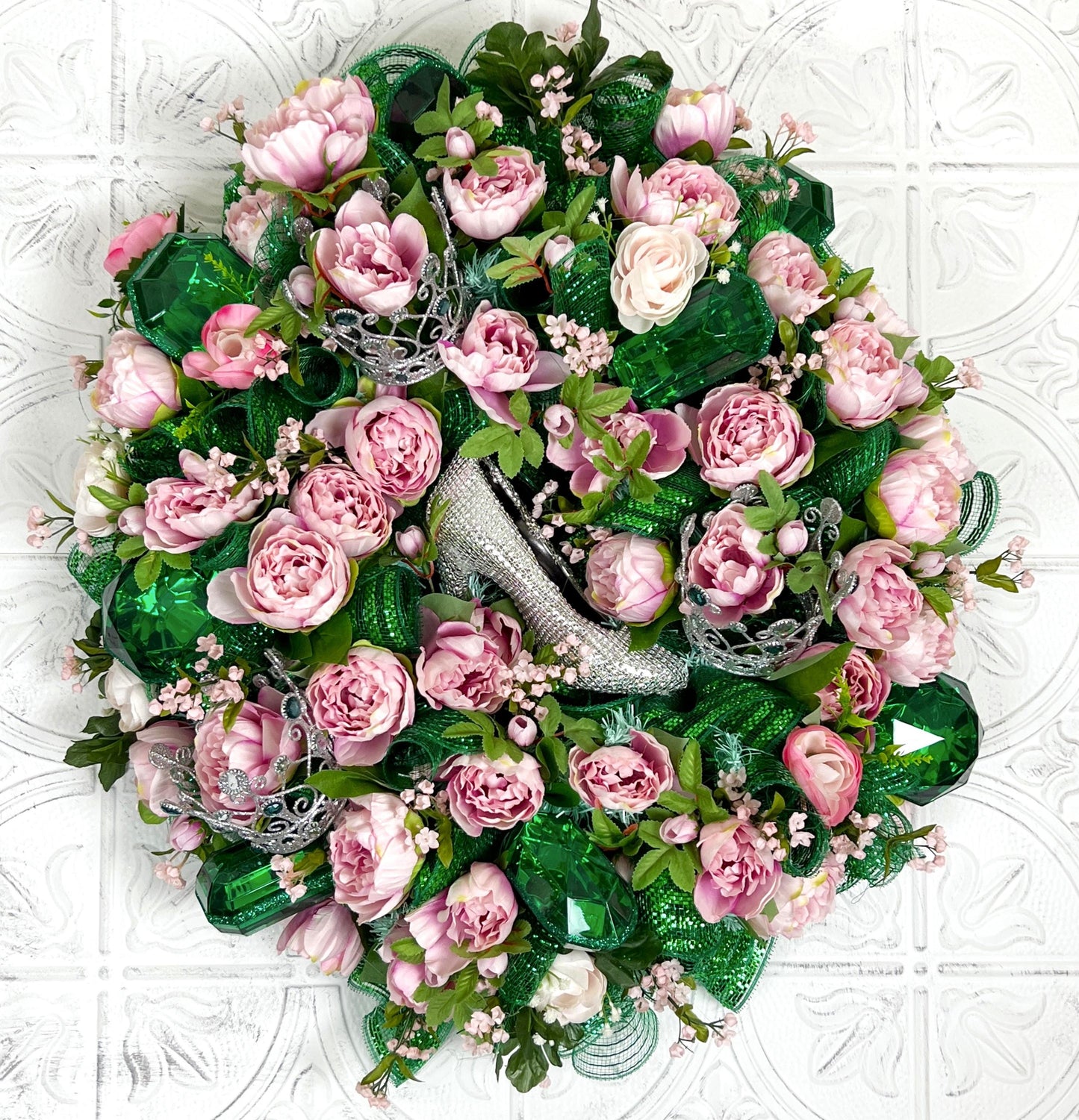 Pink Peony Designer Wreath, Jeweled Slipper & Tiara Wreath, Emerald Gem Floral Wreath, Luxe Door Decor, Statement Wreath