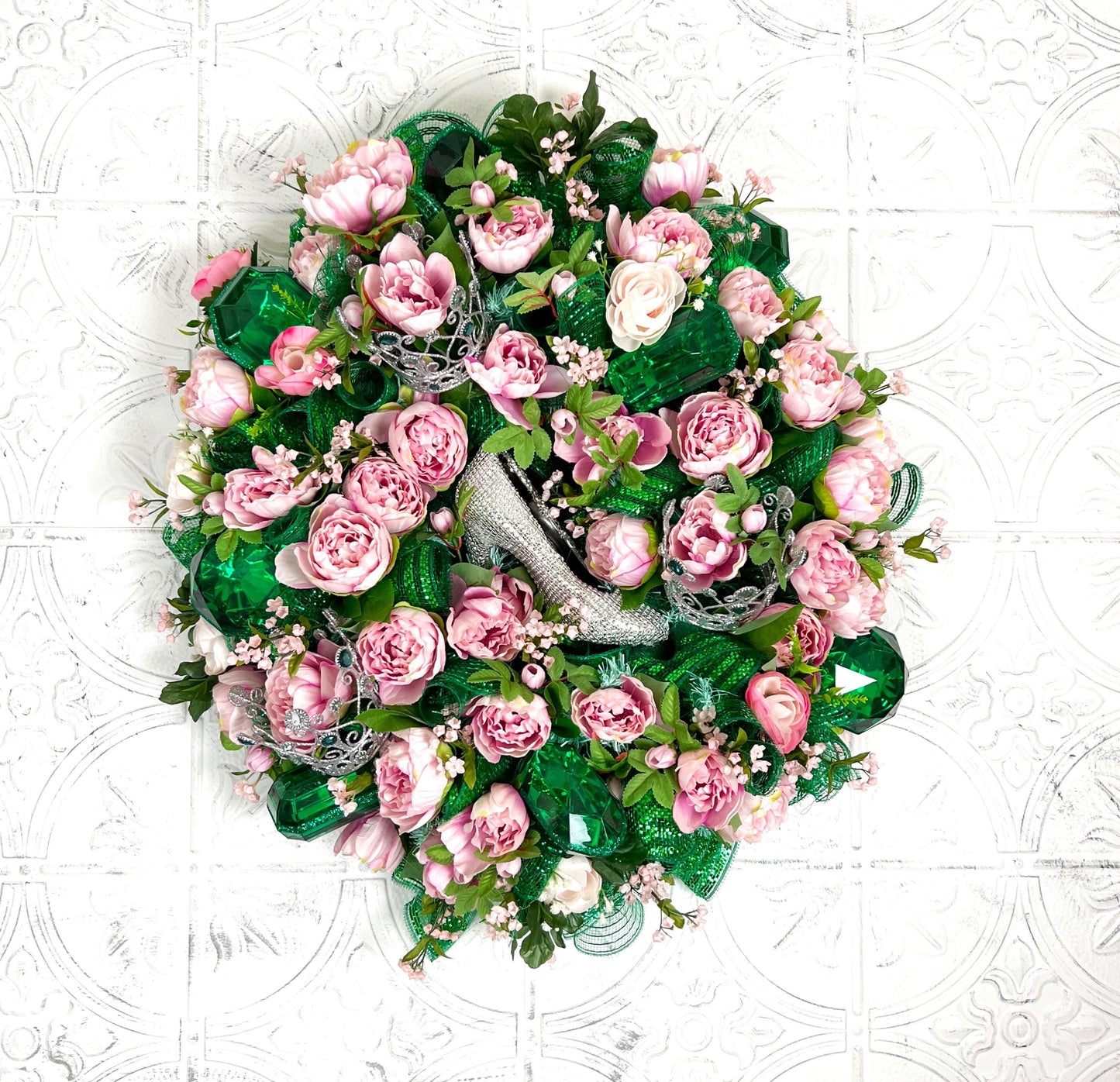 Pink Peony Designer Wreath, Jeweled Slipper & Tiara Wreath, Emerald Gem Floral Wreath, Luxe Door Decor, Statement Wreath