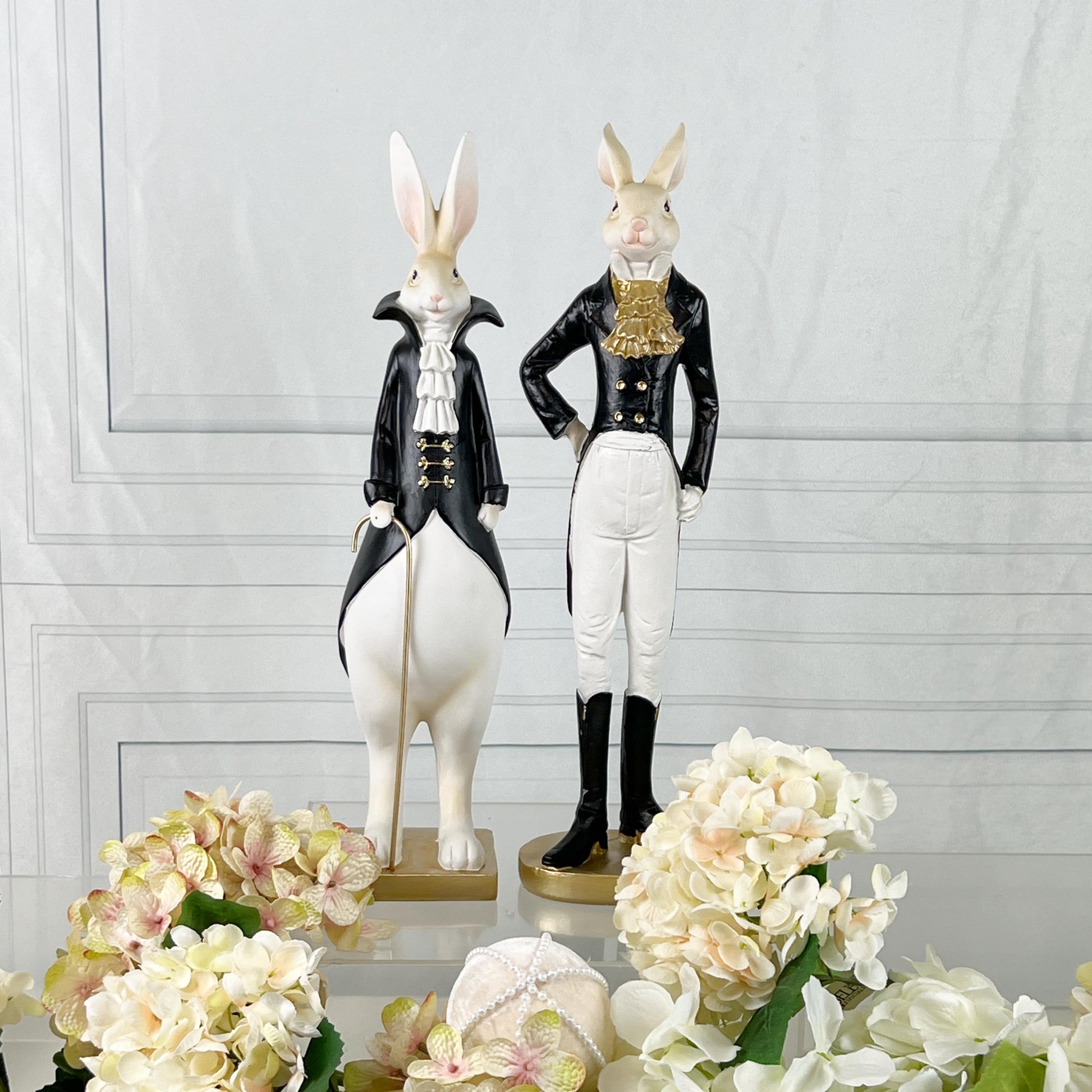 15.5" Elegant Easter Rabbit Figurines, Black White Gold Resin Rabbits, Luxury Spring Decor, Mantel Tabletop Easter Decor