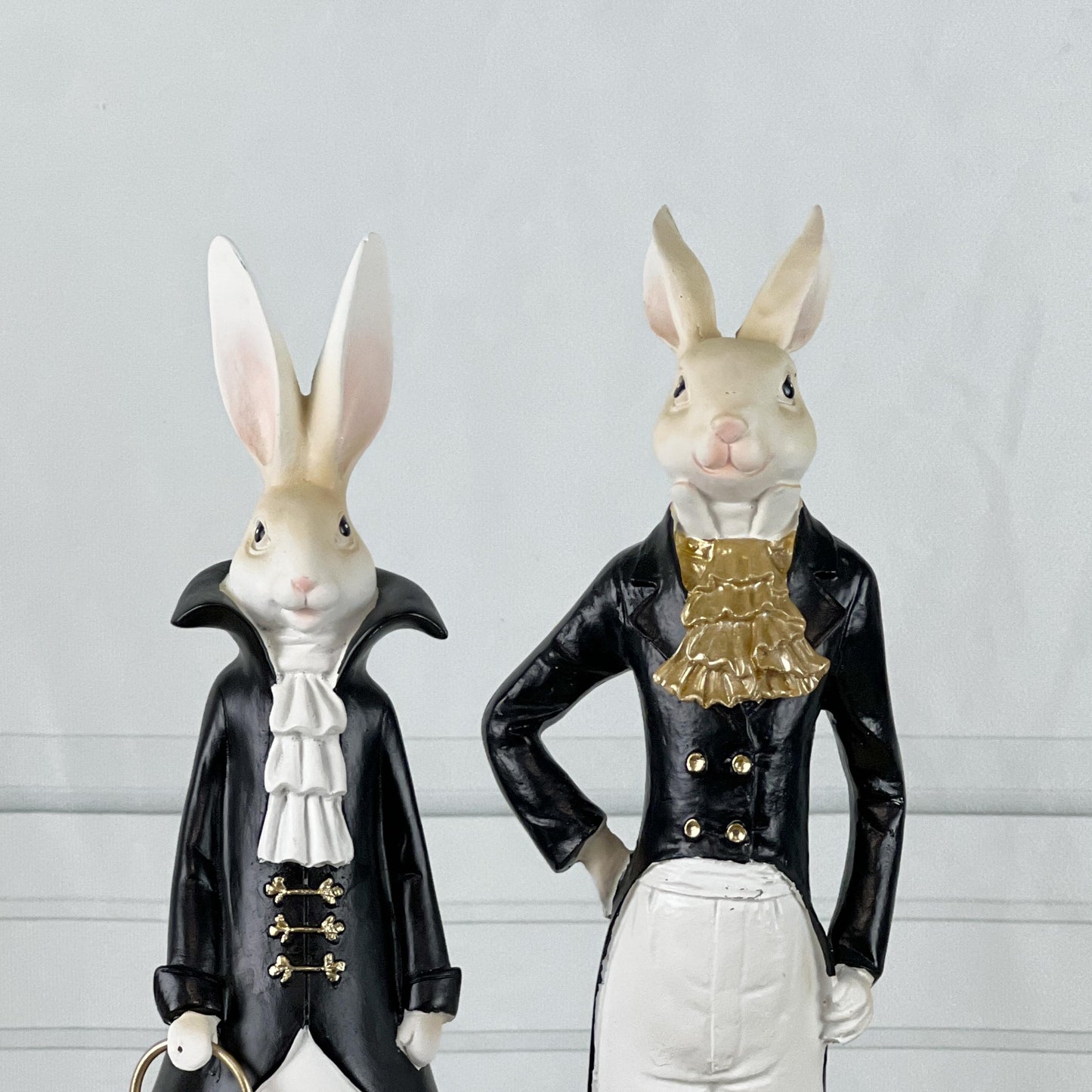 15.5" Elegant Easter Rabbit Figurines, Black White Gold Resin Rabbits, Luxury Spring Decor, Mantel Tabletop Easter Decor