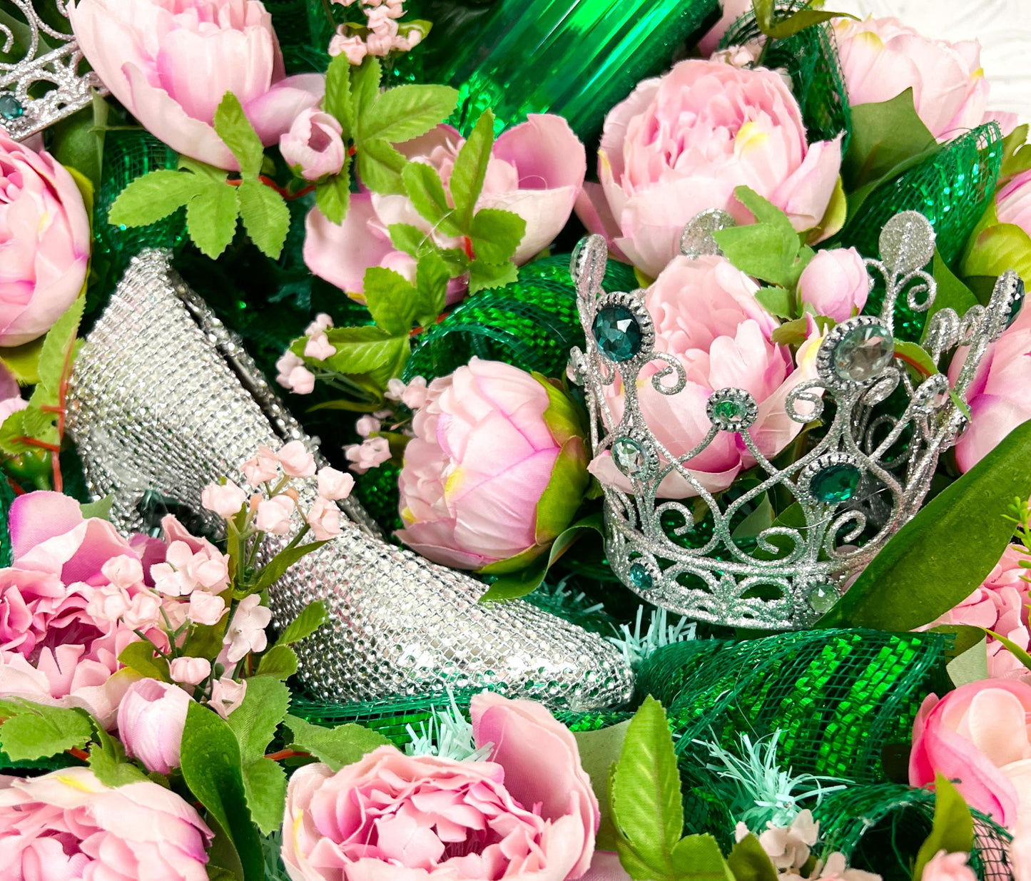 Pink Peony Designer Wreath, Jeweled Slipper & Tiara Wreath, Emerald Gem Floral Wreath, Luxe Door Decor, Statement Wreath
